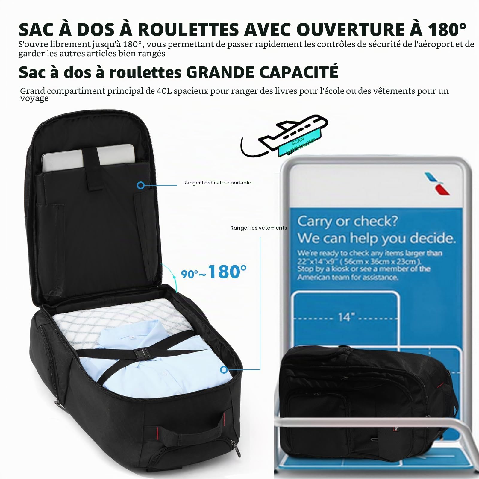 Sac à Dos à Roulettes 17,3 Pouces Bagage à Main Ordinateur Portable Noir Voyage