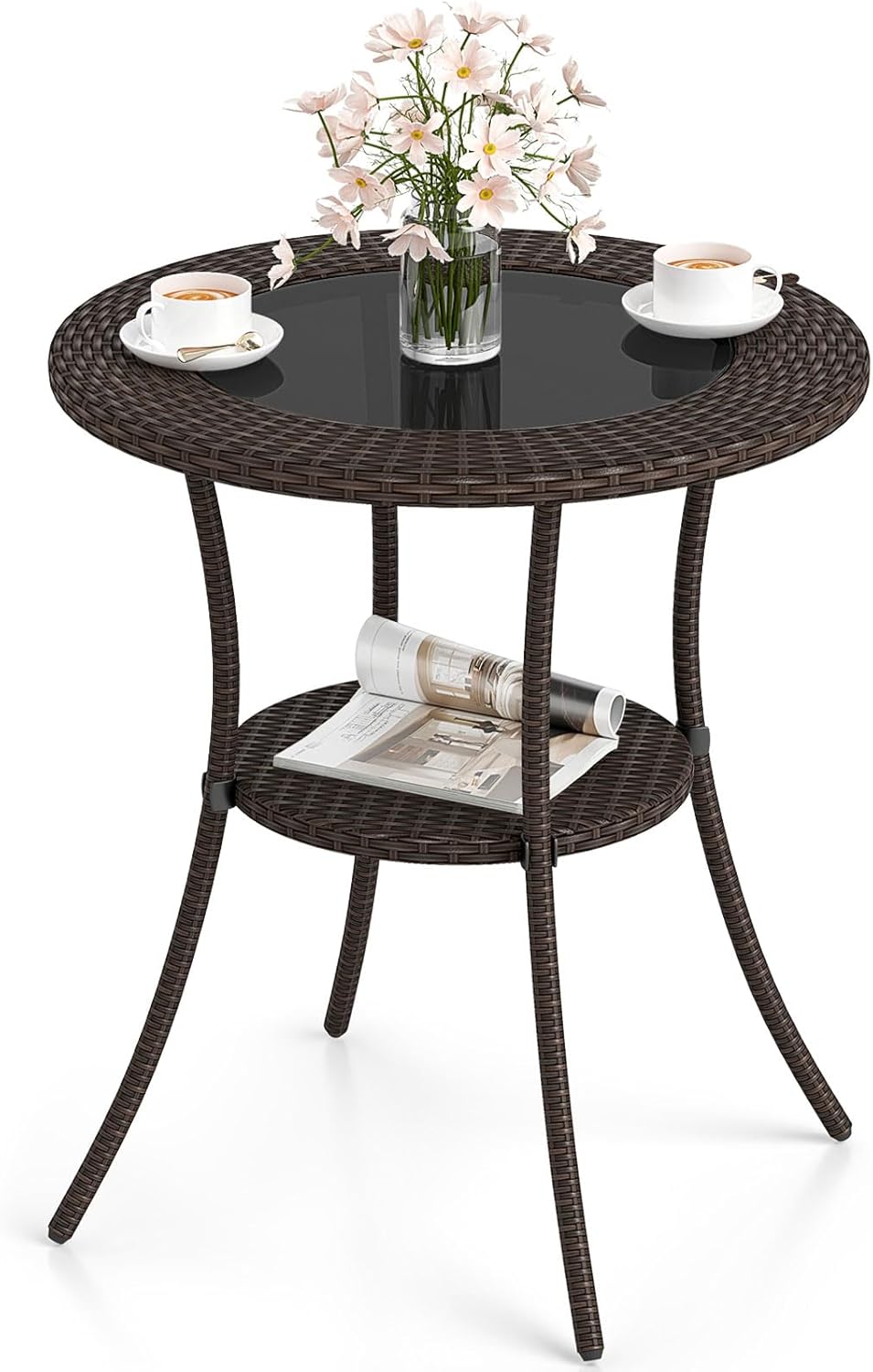 Giantex Round Rattan Wicker Outdoor Coffee Table Glass Top Steel Frame Patio Furniture W/Lower Shelf (Round)