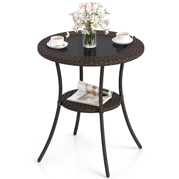 Giantex Round Rattan Wicker Outdoor Coffee Table Glass Top Steel Frame Patio Furniture W/Lower Shelf (Round)