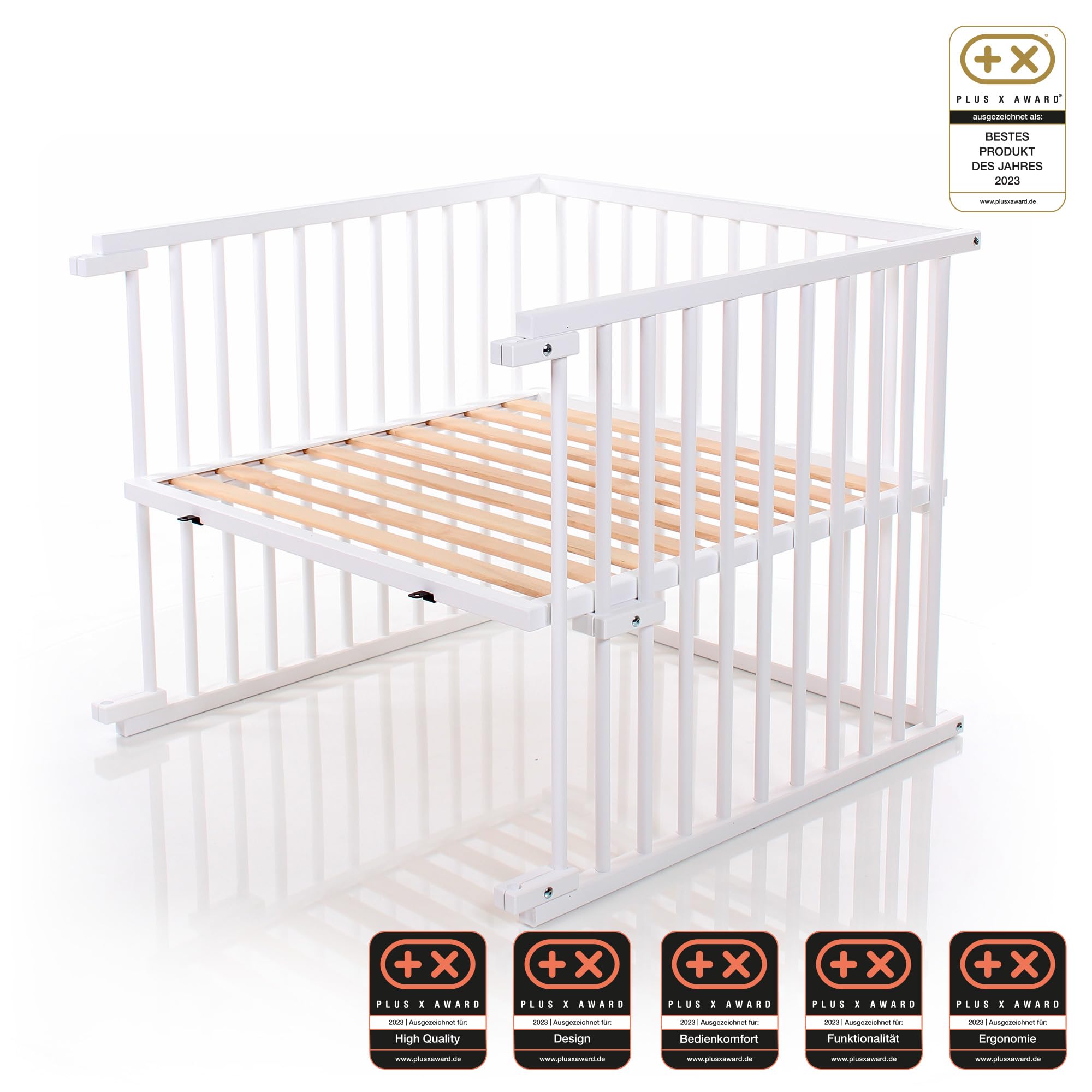 babybay Kinderbett Umbausatz für Beistellbetten stufenlos verstellbar passend für Modell Boxspring Comfort Plus/Babybett Größe: 140 cm x 89 cm aus massivem Buchenholz, weiß lackiert