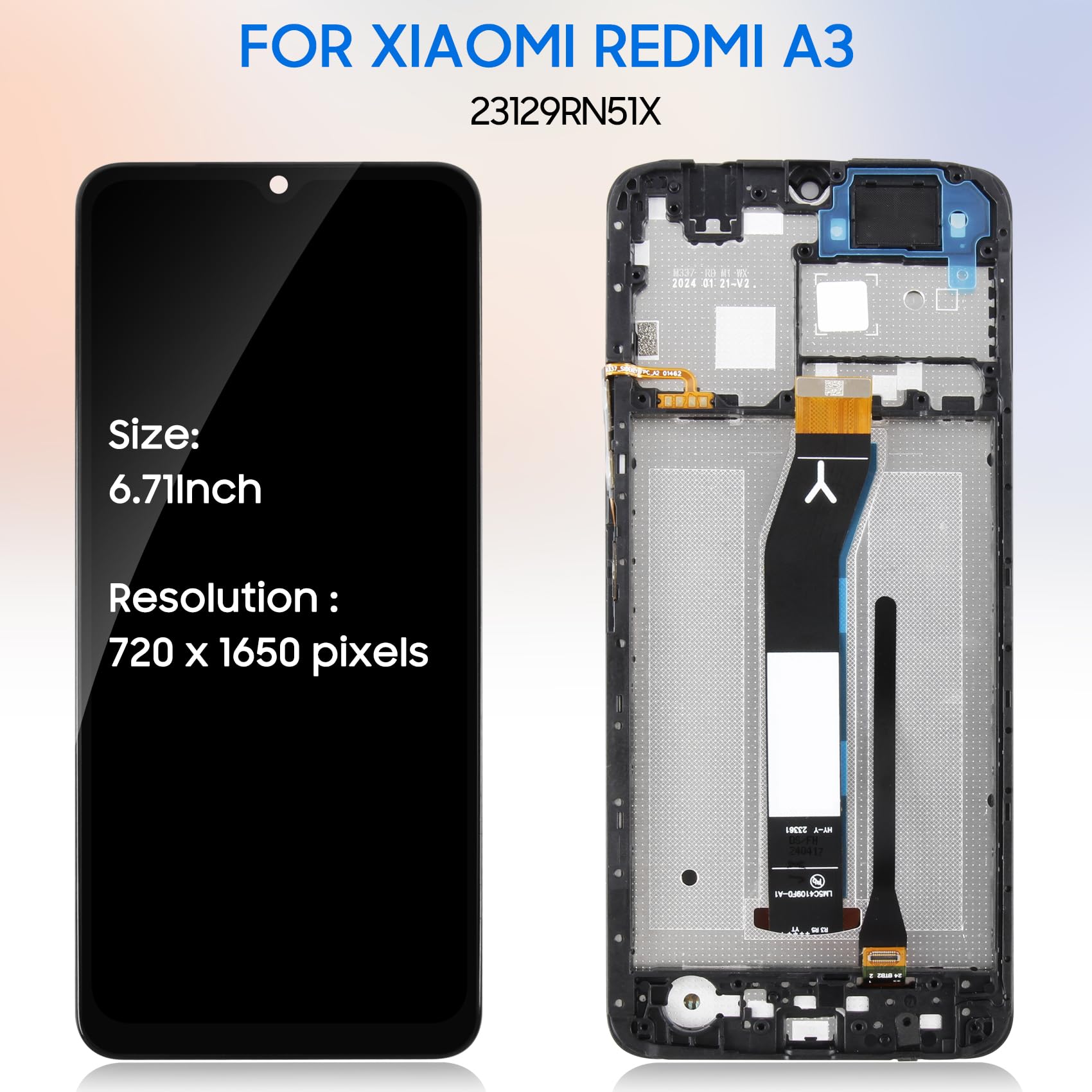 Écran LCD de rechange pour Xiaomi Redmi A3 23129RN51X 6,7 pour Xiaomi Redmi A3 LCD Digitizer Kit de réparation complet avec outil (noir avec cadre