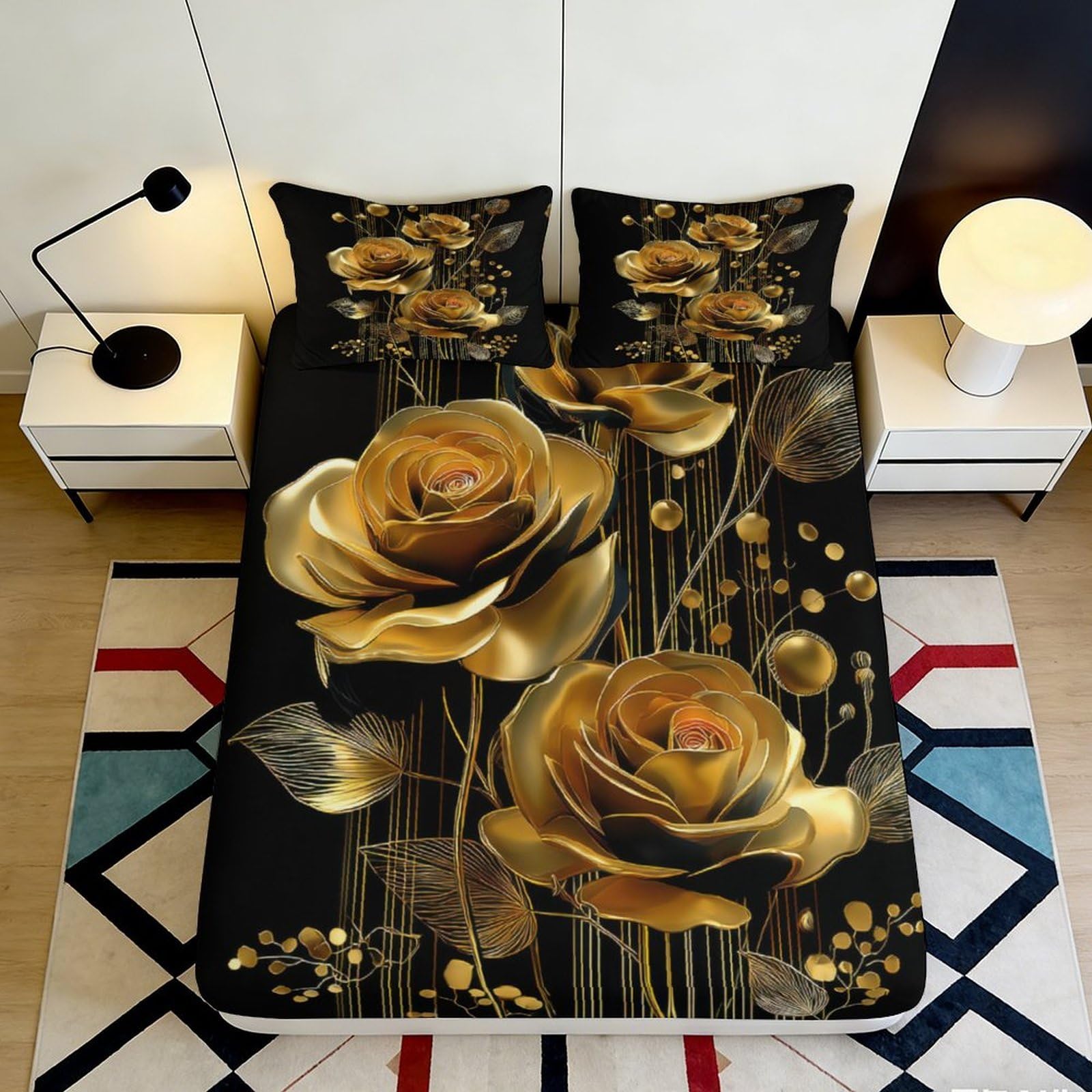 3D Printed Golden Rose Fitted Sheet Microfiber Bed Cover Black Floral Mattress Cover for Bedroom Guest Room Decor 90x200x25cm