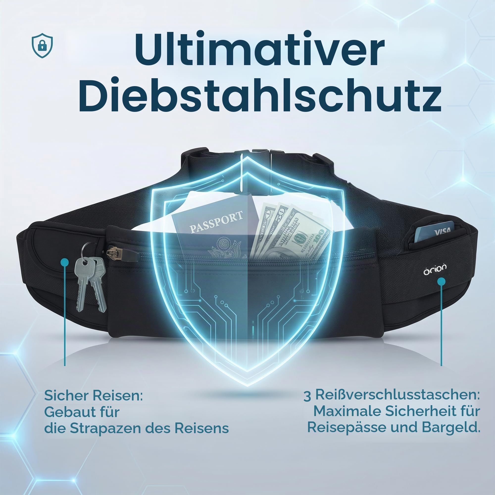 The Belt of Orion Laufgürtel, schlanke Bauchtasche für Damen und Herren, Diebstahlsicherung, Reisepasshülle und Geldgürtel für Reisen, bequeme Handyhalterung für Laufen, Wandern, Fitnessstudio, Reisen