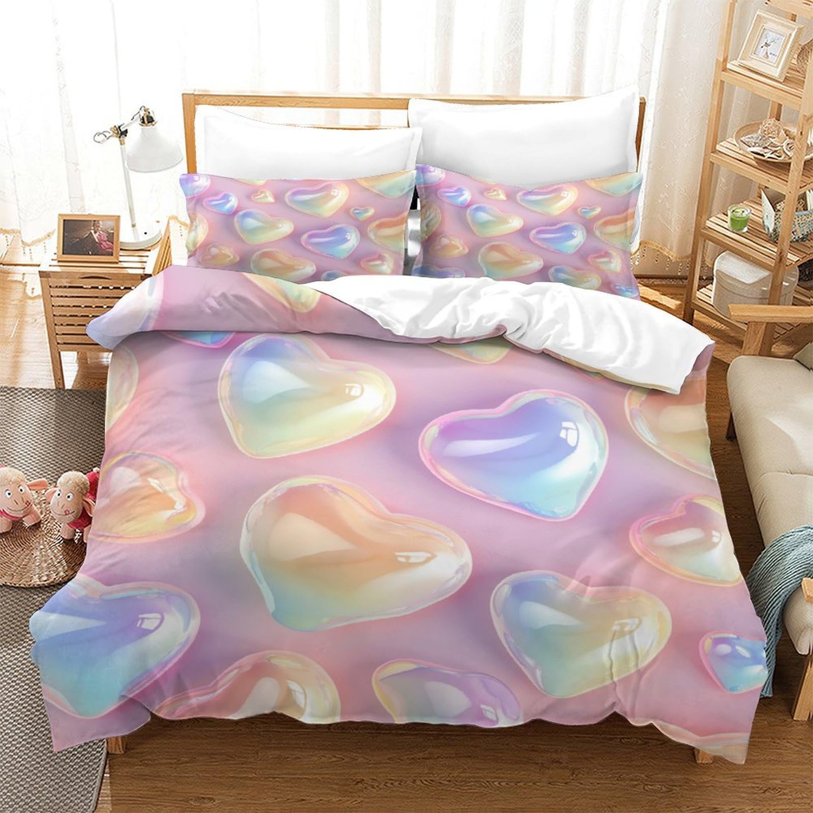 P1S9U7W5Y Pastel Iridescent Heart 3D Printed 3pcs Microfiber Duvet Cover Set Colorful Heart Bedding Set Single（140x200cm）