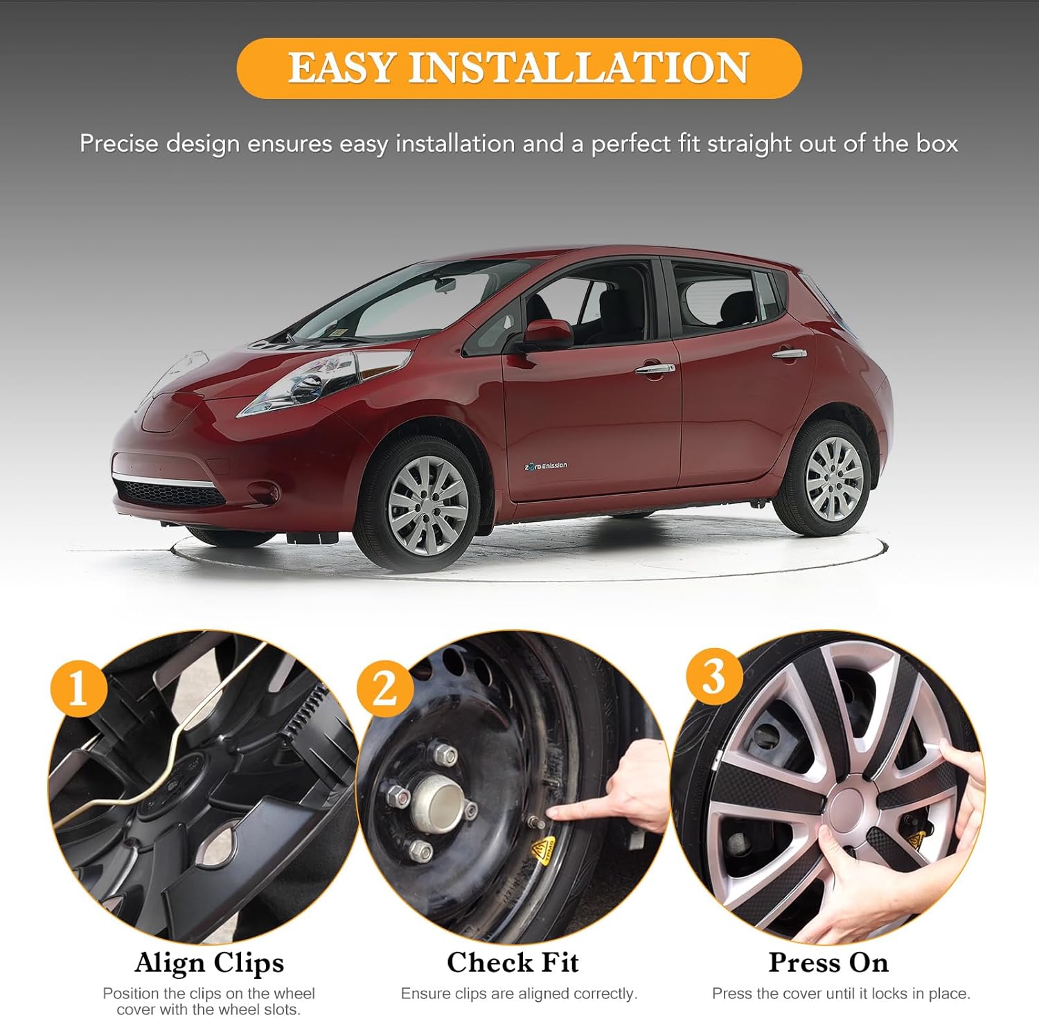 16" Hubcaps for 2011-2017 Nissan Leaf, 2013-2019 Nissan Sentra, Snap-On Installation Set of 4 Wheel Rim Covers Compatible with Steel Wheels, Hub Caps 16 Inch 4-Pack