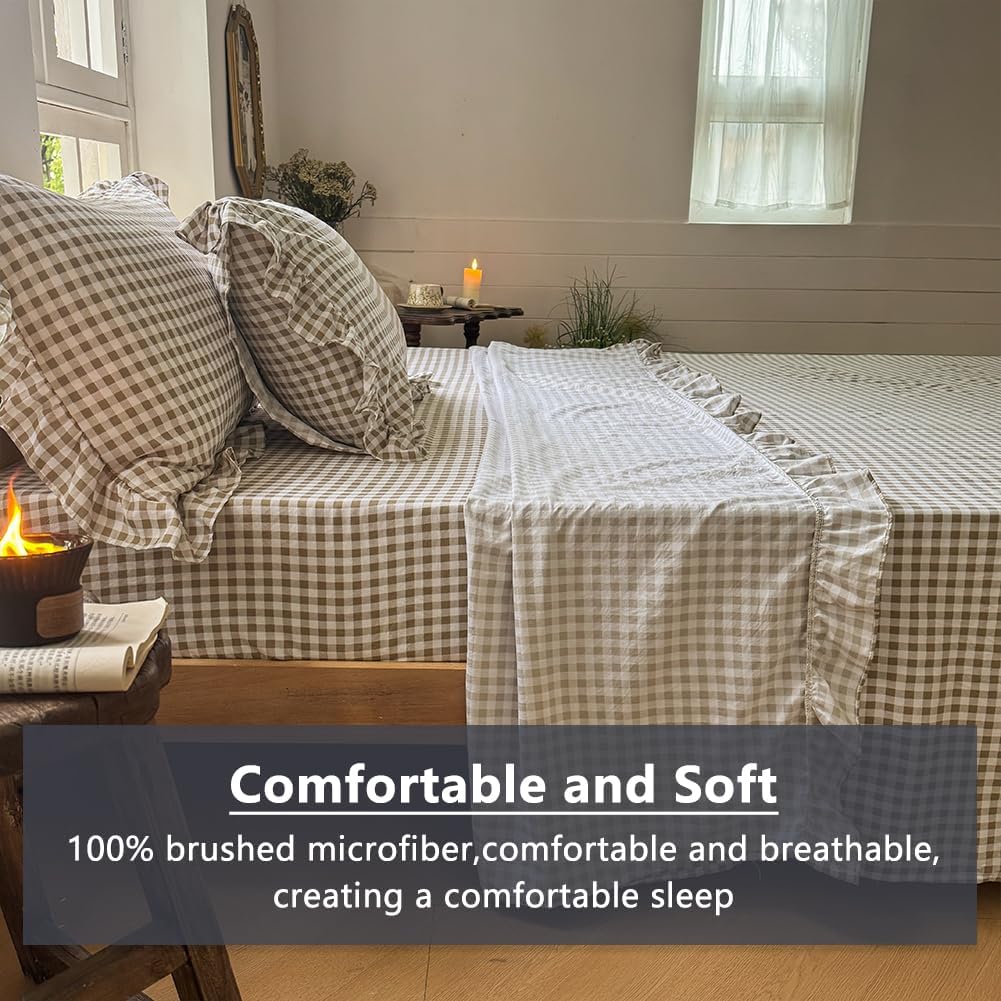 NSNLGSGC Tan Gingham Ruffle King Sheet Set, Taupe Soft Pre-Washed Microfiber Plaid King Bed Sheets, 4-Pieces Farmhouse Sheet Set with Deep Pocket