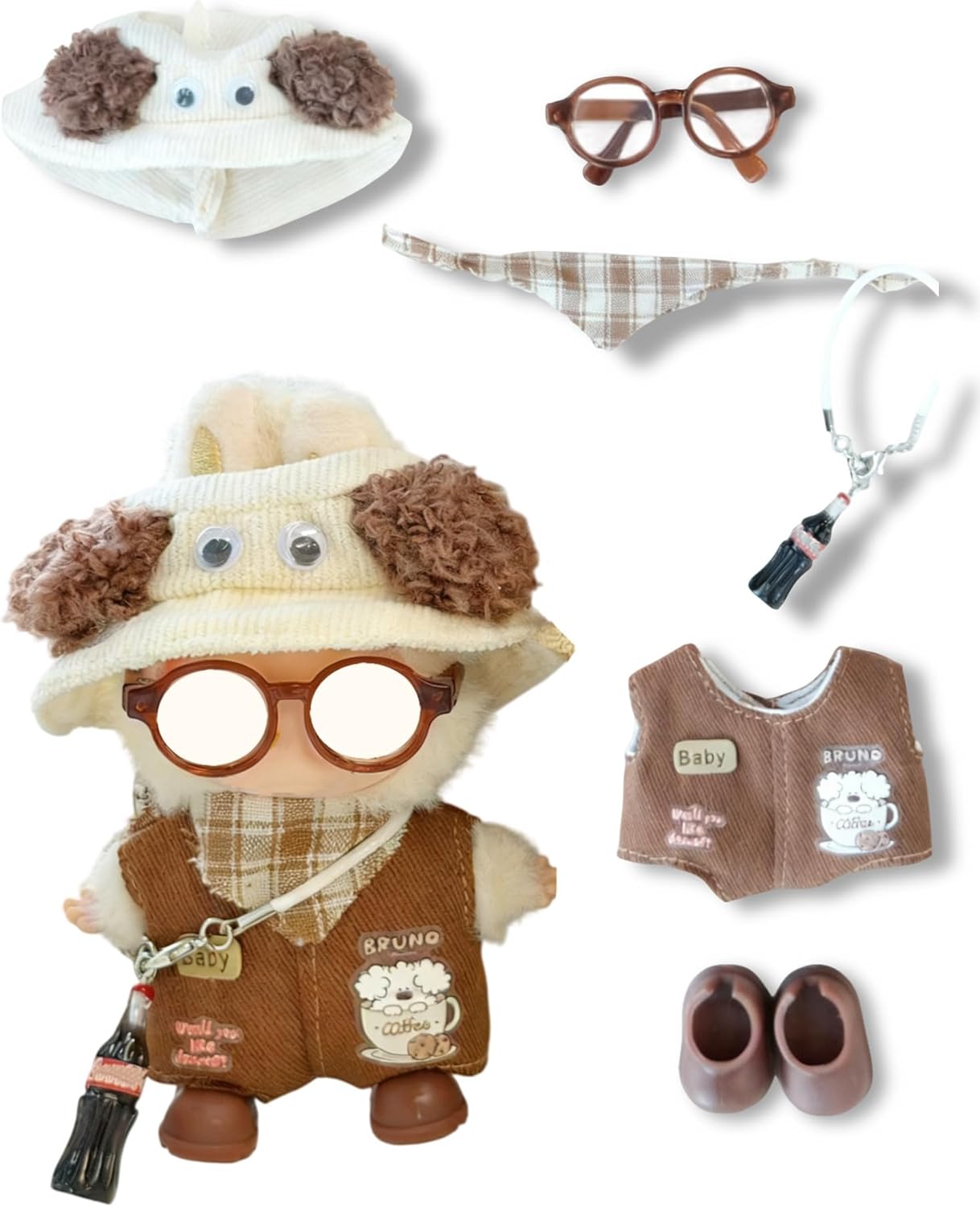 Clothes for 10cm Doll, 4 pcs Set 4.0 LBB Doll's Outfits Luxury Glasses Crochet Hats Glasses Bag Shoes Accessories Stylish Adorable Small Clothes (No Doll) (Puppy Inventor Brown)