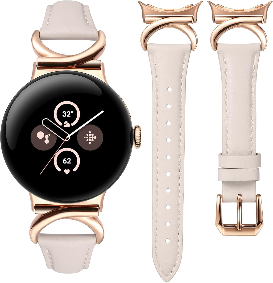 Leather Band Compatible with Google Pixel Watch 4/3 41mm/Pixel Watch 2/1 Bands Women,Slim Thin Dressy Designer Premium Leather Strap with C-Shape Metal Buckle for Google Smartwatch Accessories