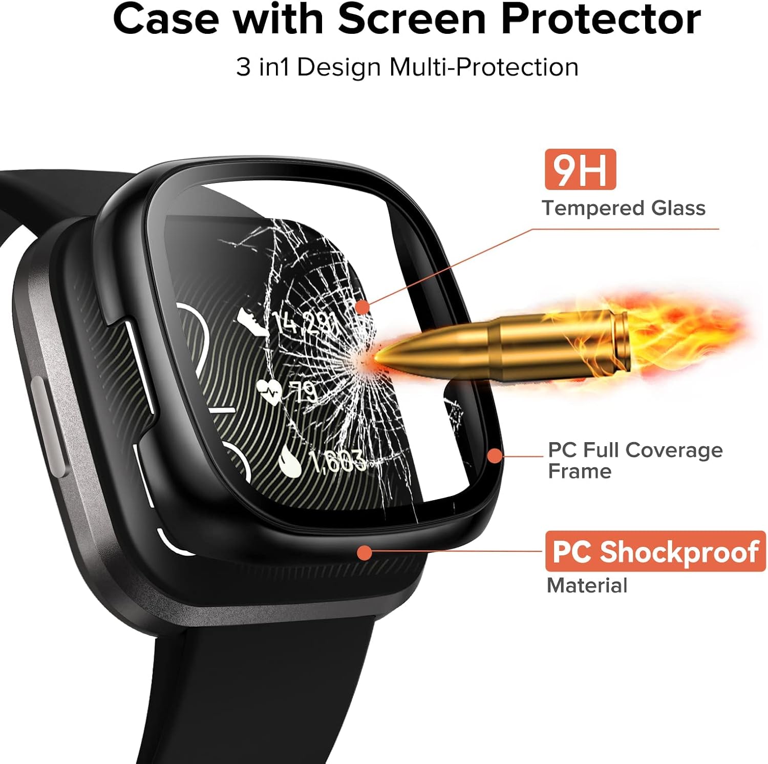 [3 Pack] iVoler Screen Protector Tempered Glass for Fitbit Versa 2, Hard PC case with Bumper Cover Sensitive Touch Full Coverage Protective Case for Versa 2 Smart Watch, Black