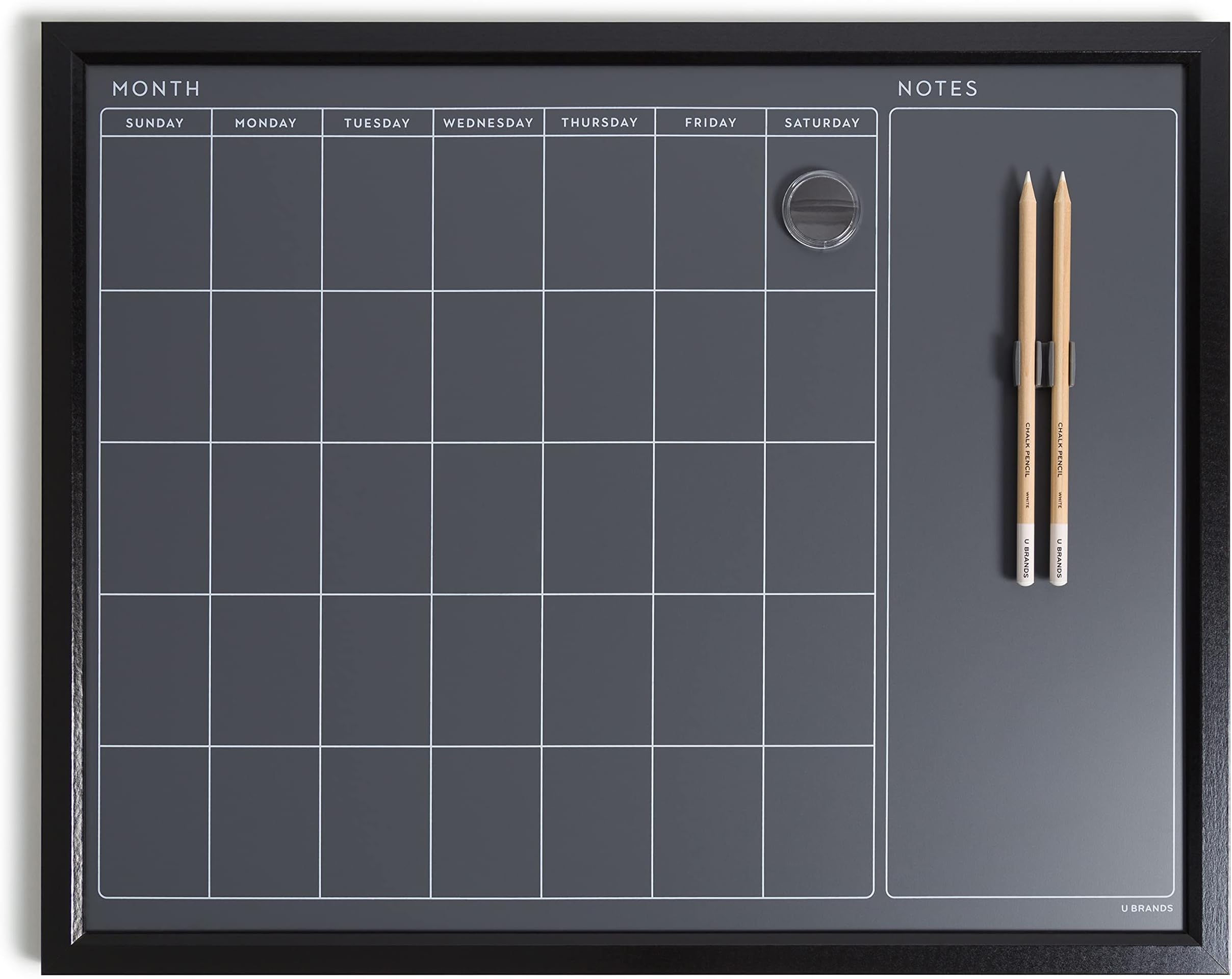 U Brands Magnetic Chalk Calendar Board, 16" x 20", Black Wood Style Frame, Premium Surface, Includes Chalk Pencils, Magnet