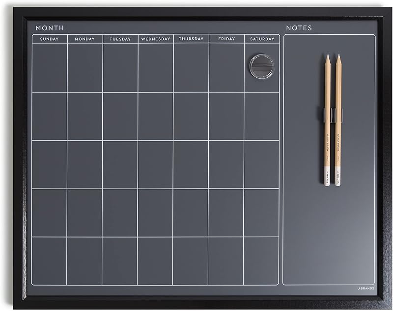 U Brands Magnetic Chalk Calendar Board, 16" x 20", Black Wood Style Frame, Premium Surface, Includes Chalk Pencils, Magnet
