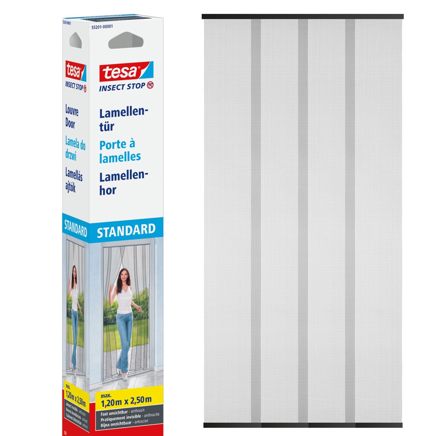 tesa Insect Stop Lamella Curtain - Fly Curtain - 4-Piece Insect Screen Curtain - Mosquito Net for Doors - Without Drilling, with Hook & Loop Tape - 120 x 250 cm - Anthracite (Transparent)