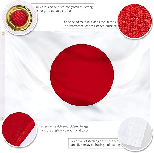 Miniatura 4 de XIFAN Bandera japonesa japonesa de alta calidad de 3 x 5 para exteriores, sol bordado de doble cara, banderas nacionales japonesas de nailon 210D