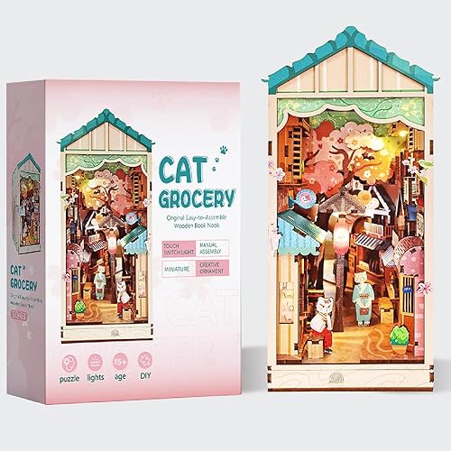 Kit de rincón de libros de bricolaje, decoración de rincón de libro de casa de muñecas de bricolaje, rompecabezas de madera 3D, kit en miniatura con