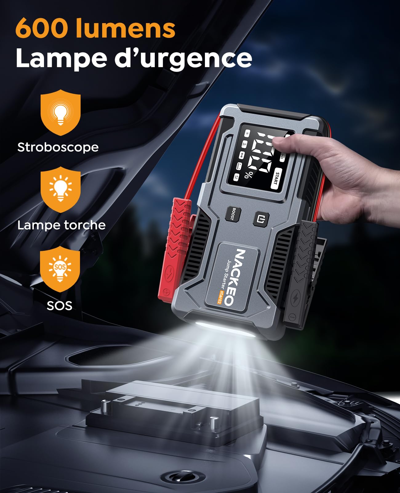 8000A Booster Batterie Voiture,Démarreur de Voiture (Jusqu’à 9 L Essence et 7 L Diesel),Jump Starter 12V avec Câbles de Démarrage Intégrés, Lampe LED et Écran LCD, Adapté aux Motos, SUV et Tondeuses