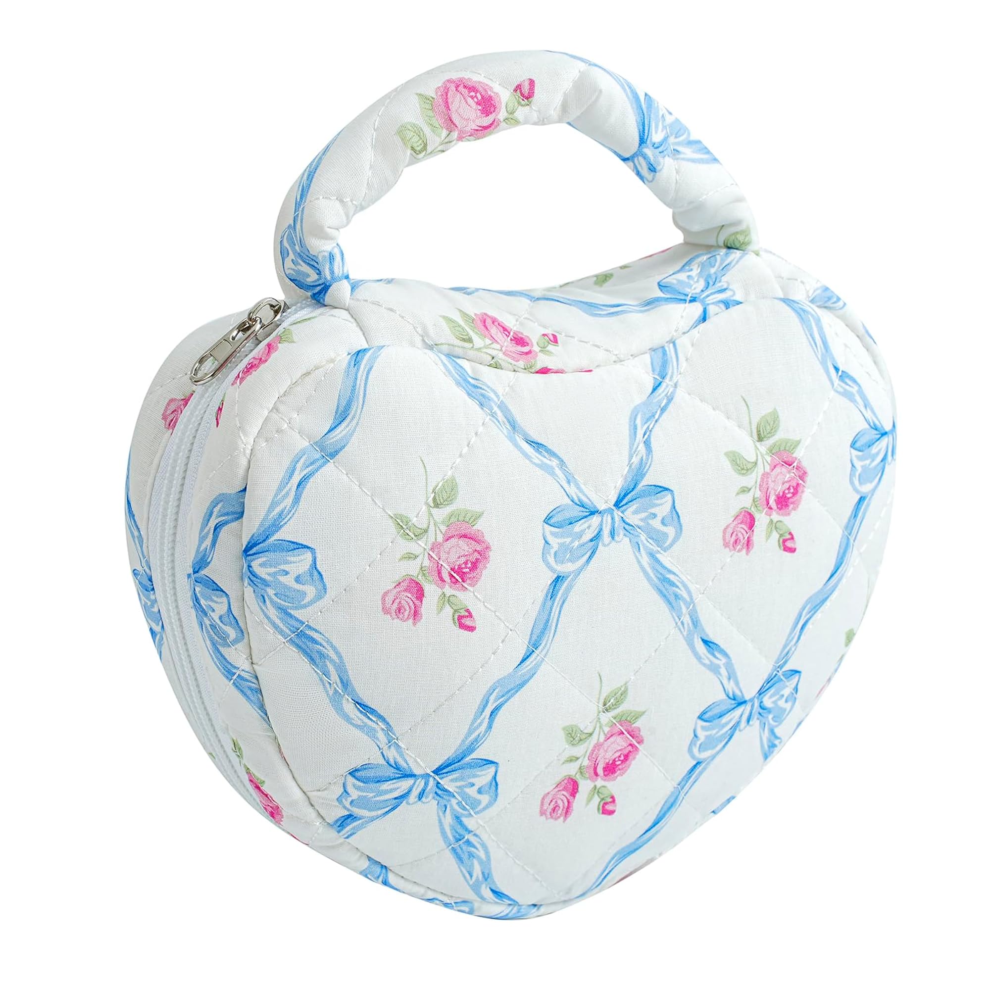 Quilted Heart Shaped Makeup Bag, Floral Coquette