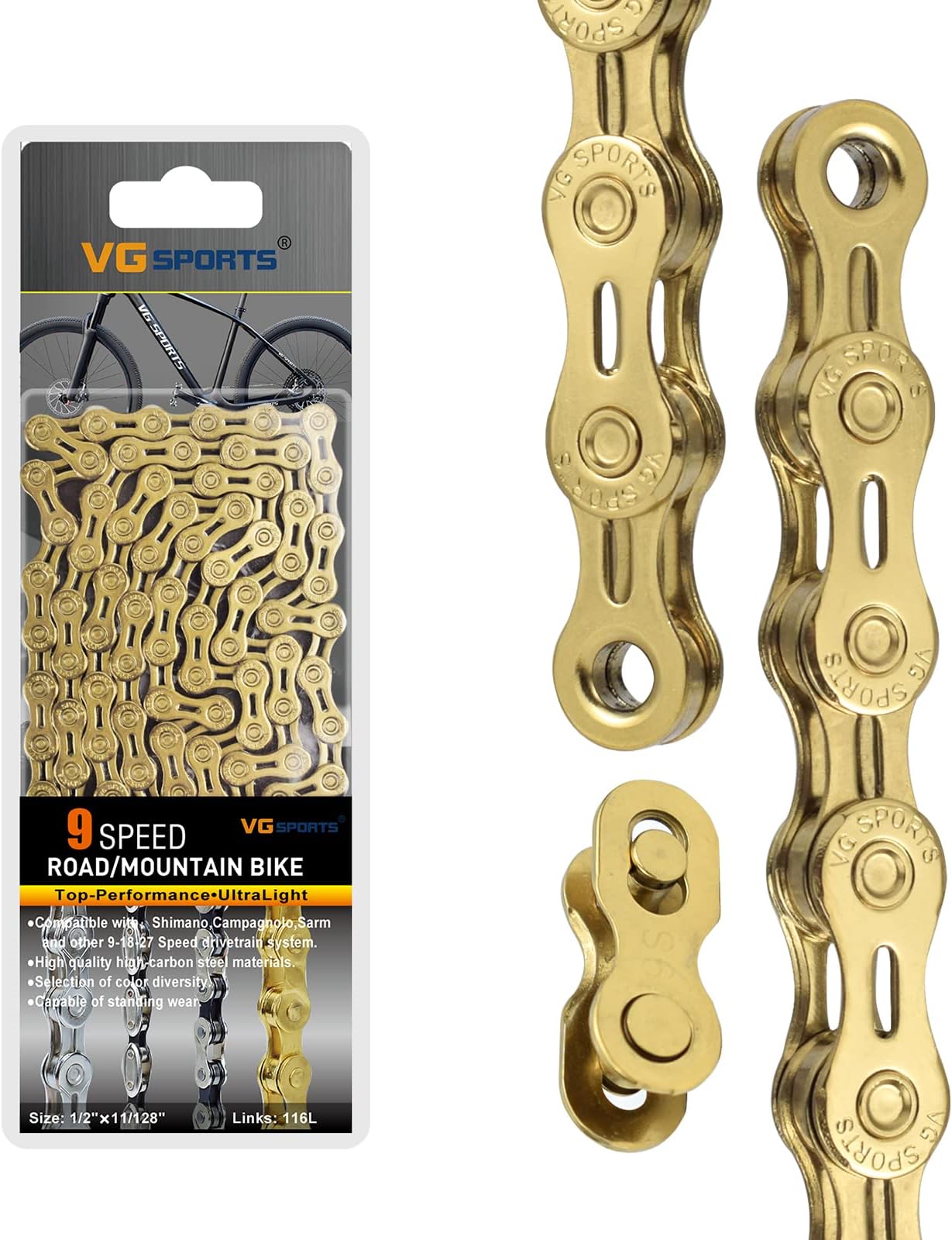 VG SPORTS 6/7/8/9/10/11 Speed Bike Chain,Half/Full Hollow Lightweight Bicycle Chain for Mountain Bike Road Bike， 1/2×11/128 Inch 116 Links