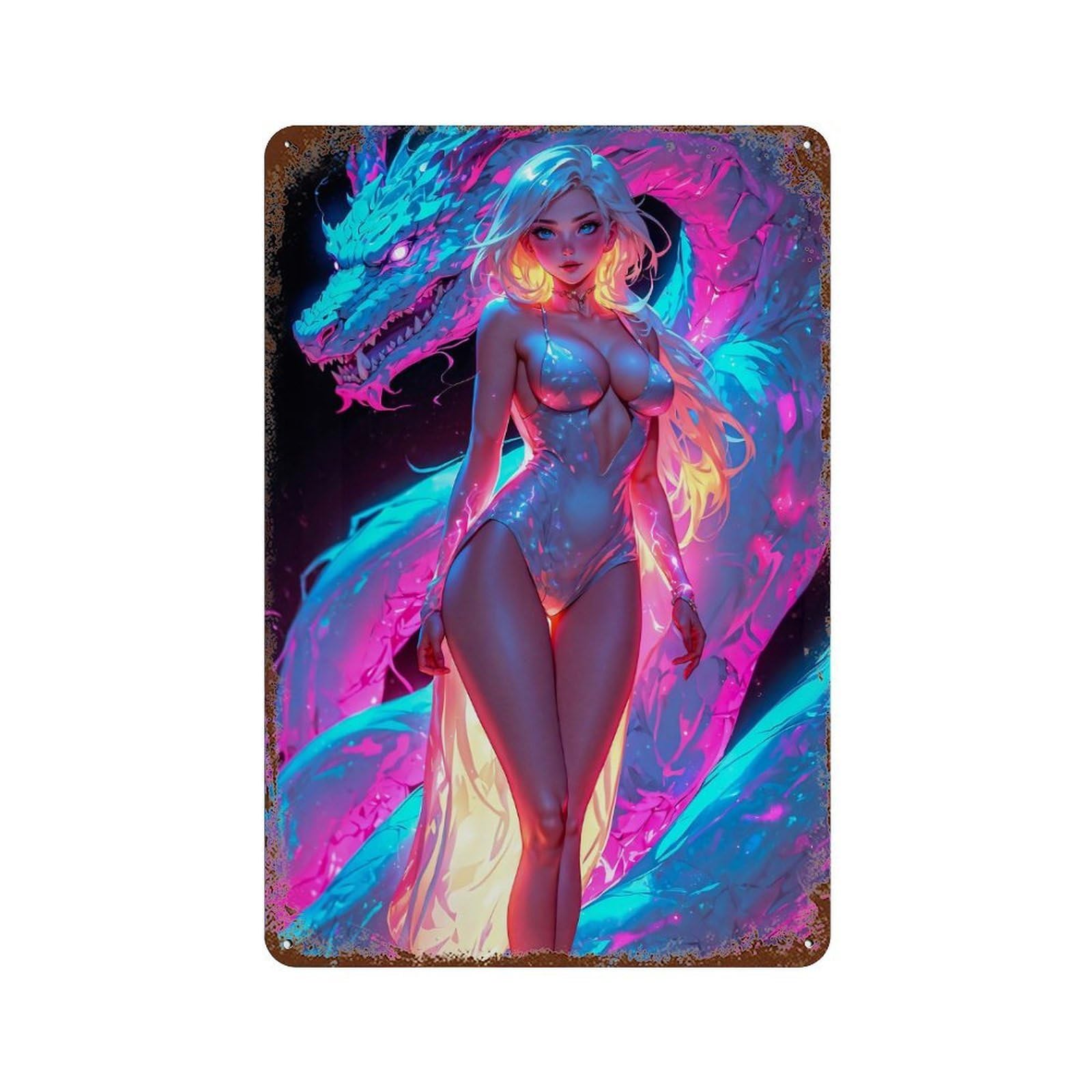 Neon Dragon Woman Decorative Tin Sign 11.8"x7.9", Farmhouse Wall Decor for Garage, Bar And Workshop Decor