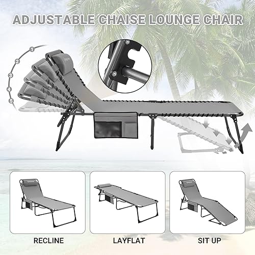 Miniatura 4 de KingCamp Sillón plegable para patio exterior, ajustable, de 5 posiciones, tumbona plegable reclinable con almohada, para patio, piscina, playa,
