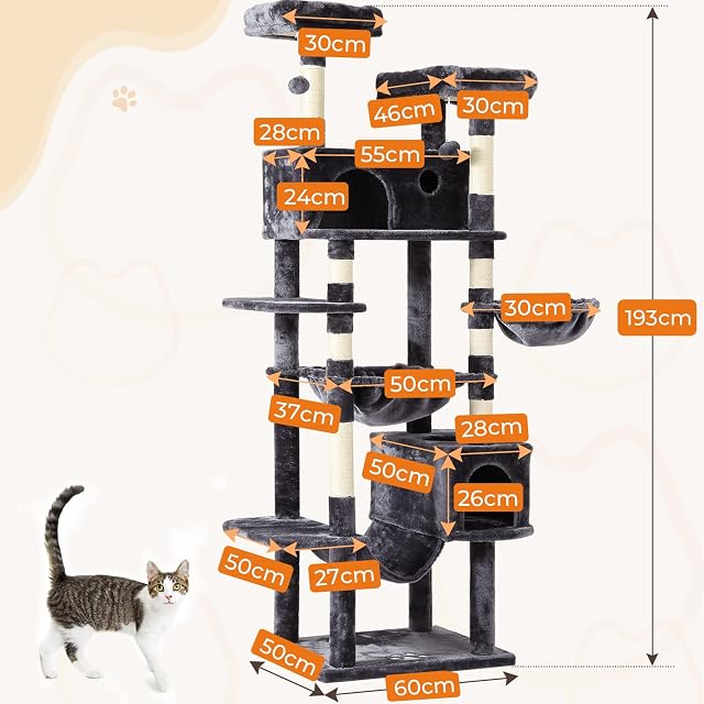 Foto 5 de 8 de MSmask Rascador grande de 193 cm de alto, XXL, para gatos grandes, estable, con 2 cuevas, 2 plataformas