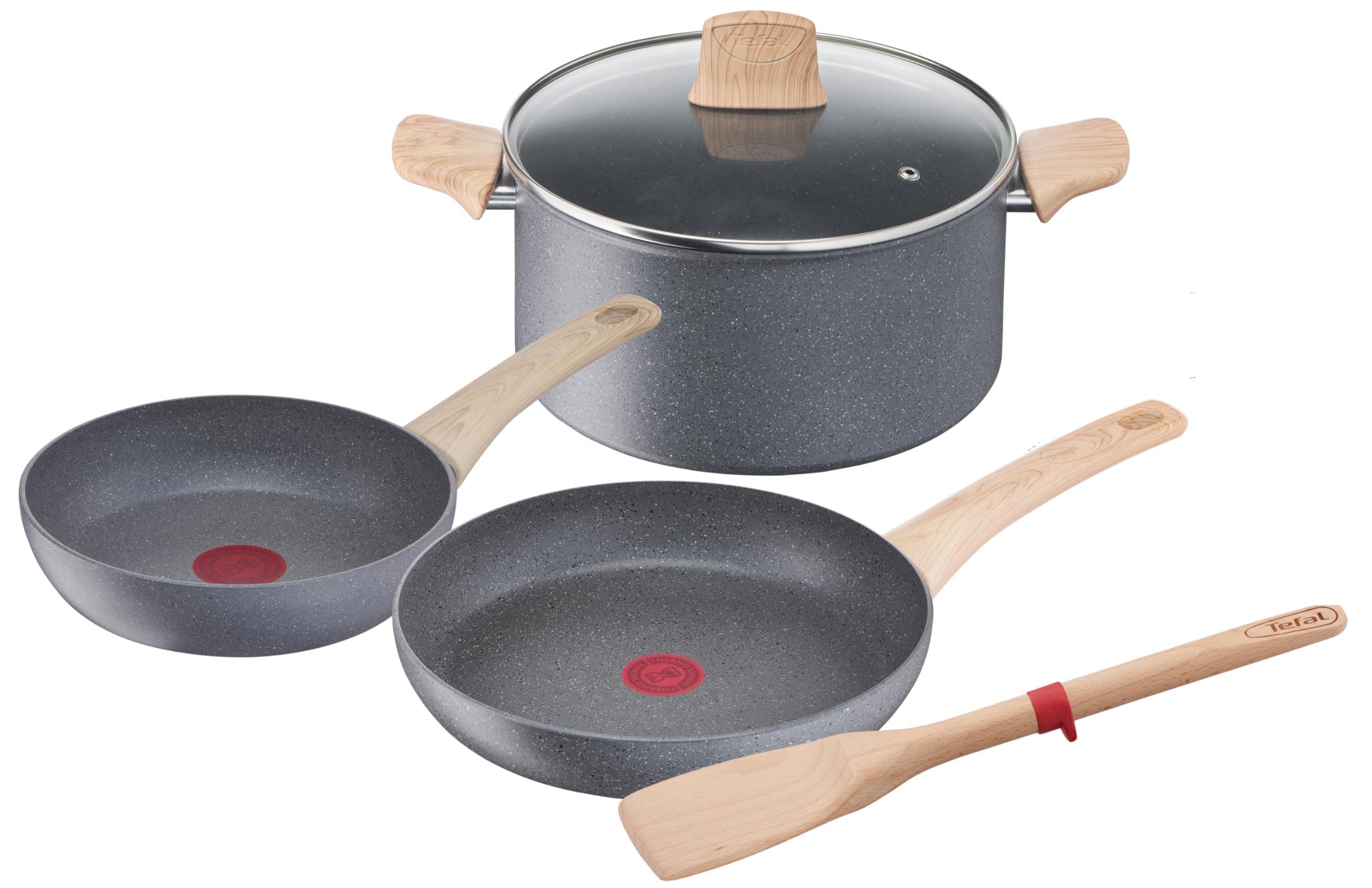 TEFAL G2669282 Natural Force, zestaw, garnek 5.2L, patelnie 24/20 cm, szklana pokrywka, drewniana szpatułka, aluminium, indukcja, szare