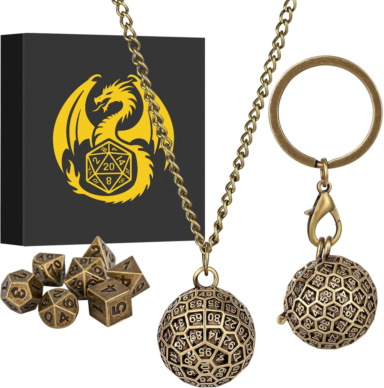 Mini DND Dice Set with Spherical 100-Sides Metal Cage Portable Keychain Necklace, Tiny 7pcs Polyhedral D&D Dice Set, DND Gifts with Gift Box, D&D Accessories for RPG, Bronze