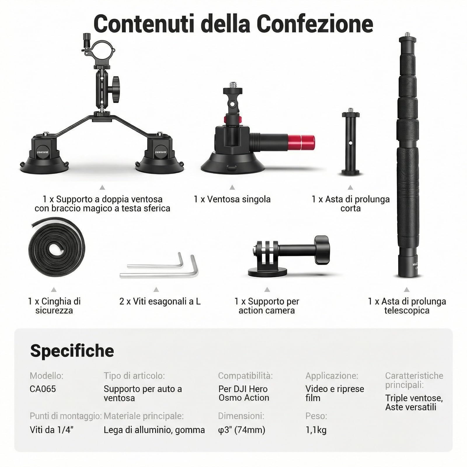 NEEWER Treppiede a Ventosa Tripla per Auto Compatibile con Insta360 X5 X4, GoPro, DJI OSMO 360, Kit Montaggio,Braccio Flessibile e Sgancio Rapido, Asta Estensibile 2in1/Monopiede per Selfie, CA065