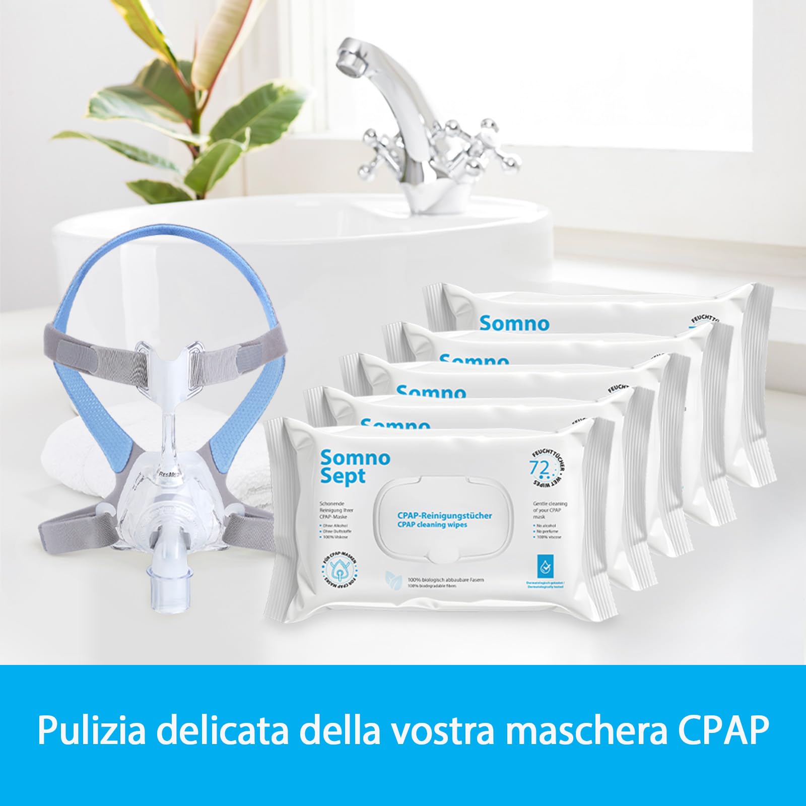 Panni CPAP per la pulizia – SomnoSept confezione da 5 (5 x 72 pezzi) – Pulizia rapida della maschera CPAP – per una buona vestibilità – panni morbidi in 100% viscosa – inodore – dermatologicamente
