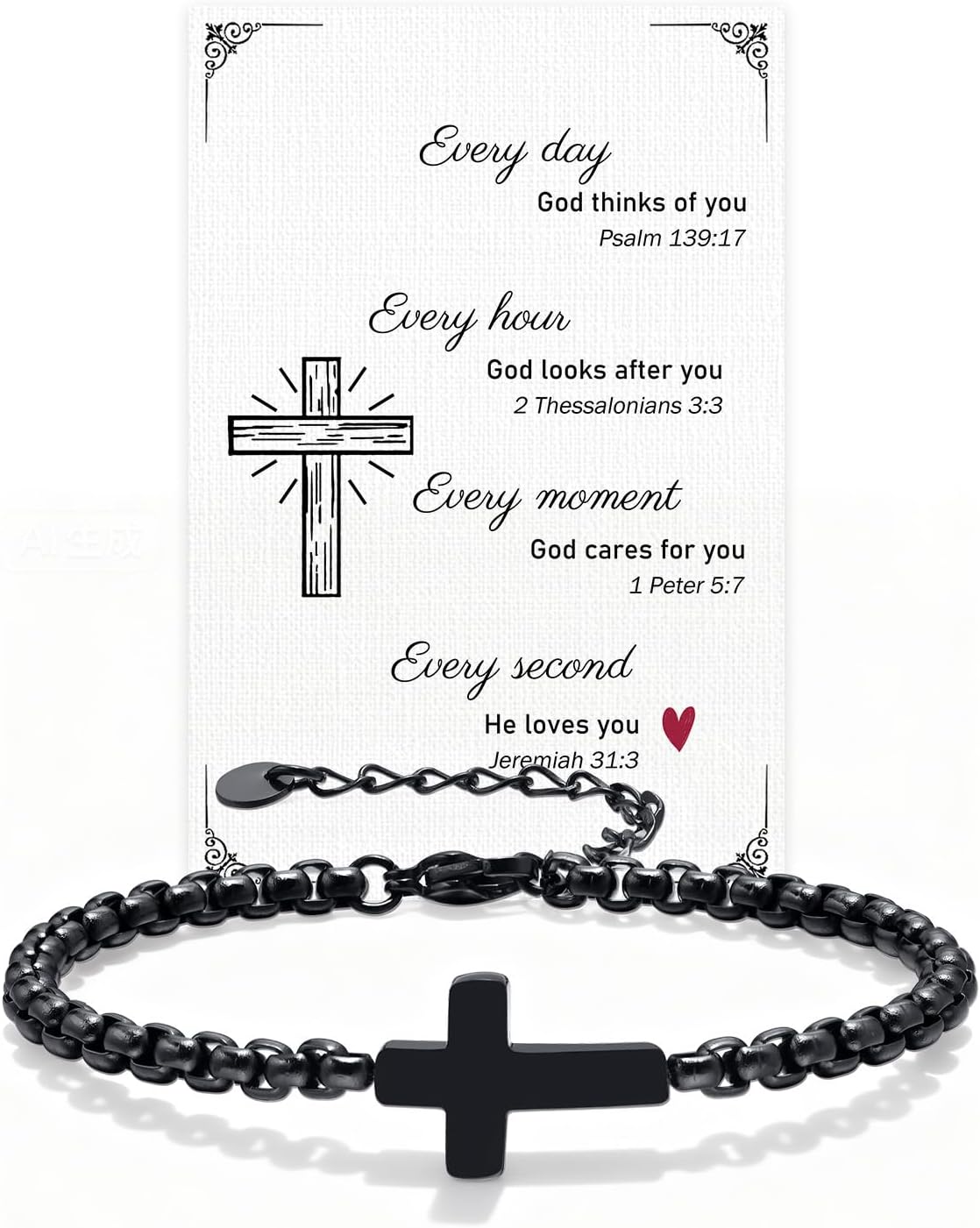 Gift for Men Cross Chain Bracelets for Men Women, Black Stainless Steel Cross Charms Link Men's Bracelet, Faith Religious Easter Catholic Christian God Jesus Communion Baptism Jewelry Gift