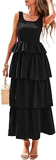 Womens 2025 Summer Sleeveless Midi Dress Scoop Neck A Line Smocked Ruffle Tiered Layered Beach Vacation Dresses - Buy now