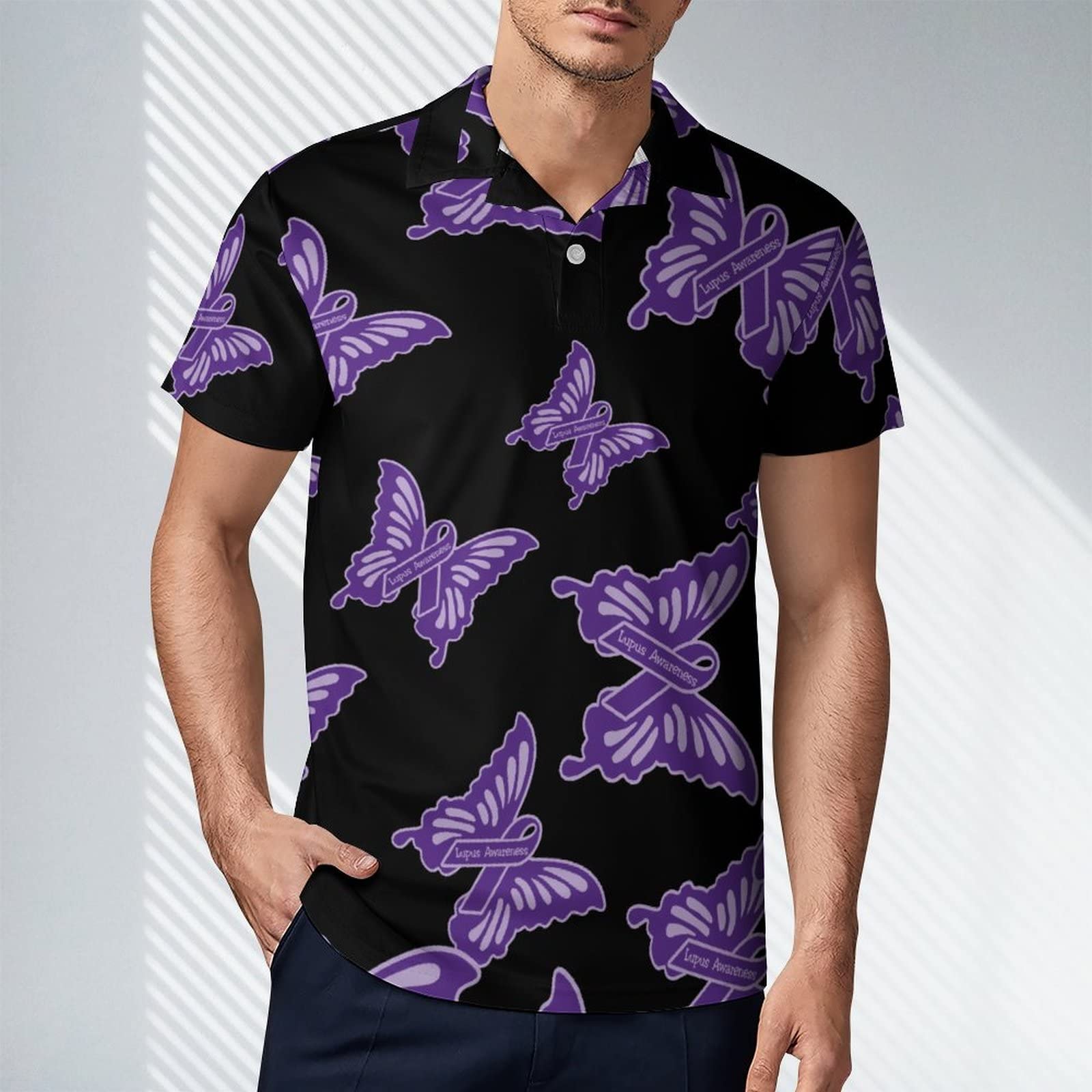 Lupus Awareness Butterfly Men's Polo Shirt Short Sleeve Print T Shirt Slim Fit Golf Shirt Collared Tee Casual Top S
