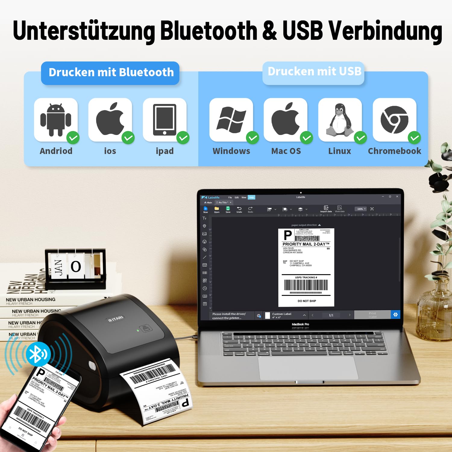 Itari Stampante Termica Bluetooth,Stampante Etichette Adesive per Codice a Barre, Compatibile con DHL Hermes,DPD,GLS,UPS
