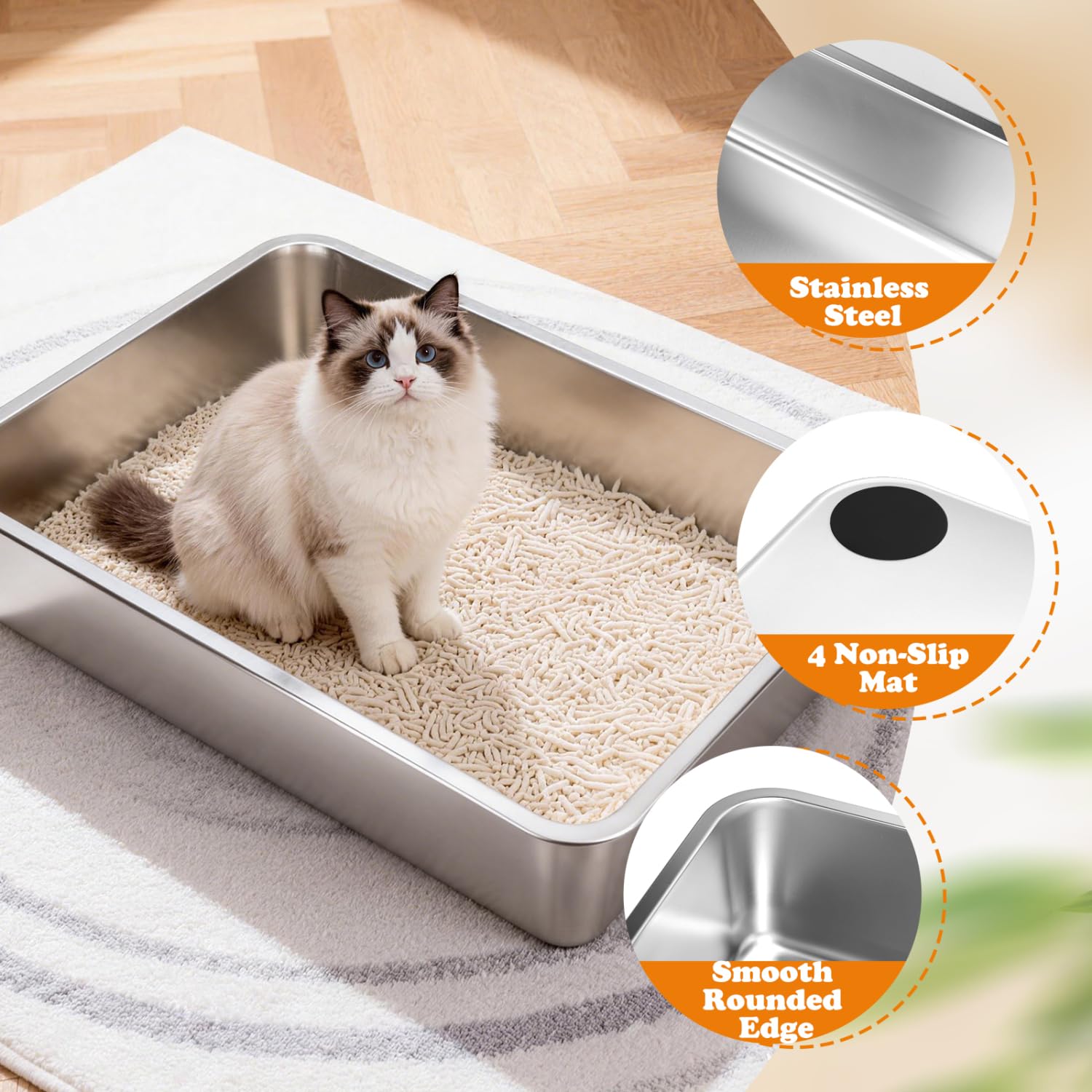Nobleza Edelstahl Katzenklo XXL 70x50x15cm - Extra Großes Katzentoilette mit Anti-Rutsch Gummiboden, Hop-in Katzen Klo Ohne Deckel, Niemals Gerüche, Fleckfrei, Rostfrei, Antihaft Glatte Oberfläche