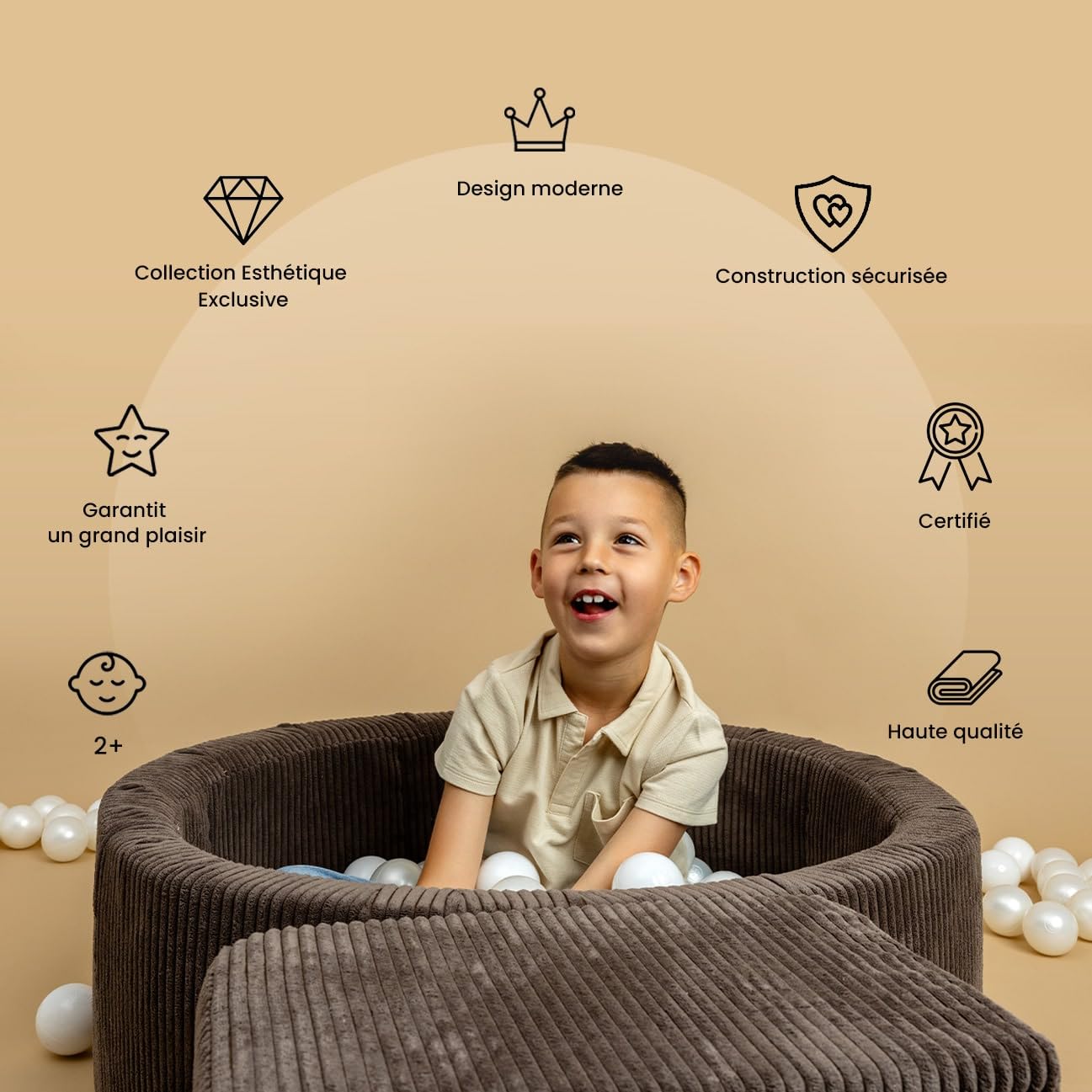 MEOWBABY Piscine À Balles pour Bébé - Rond 90x30cm Piscine a Balle pour Enfant avec 200 Balle, Côtelé, Marron: Beige/Blanc Perle/Platine