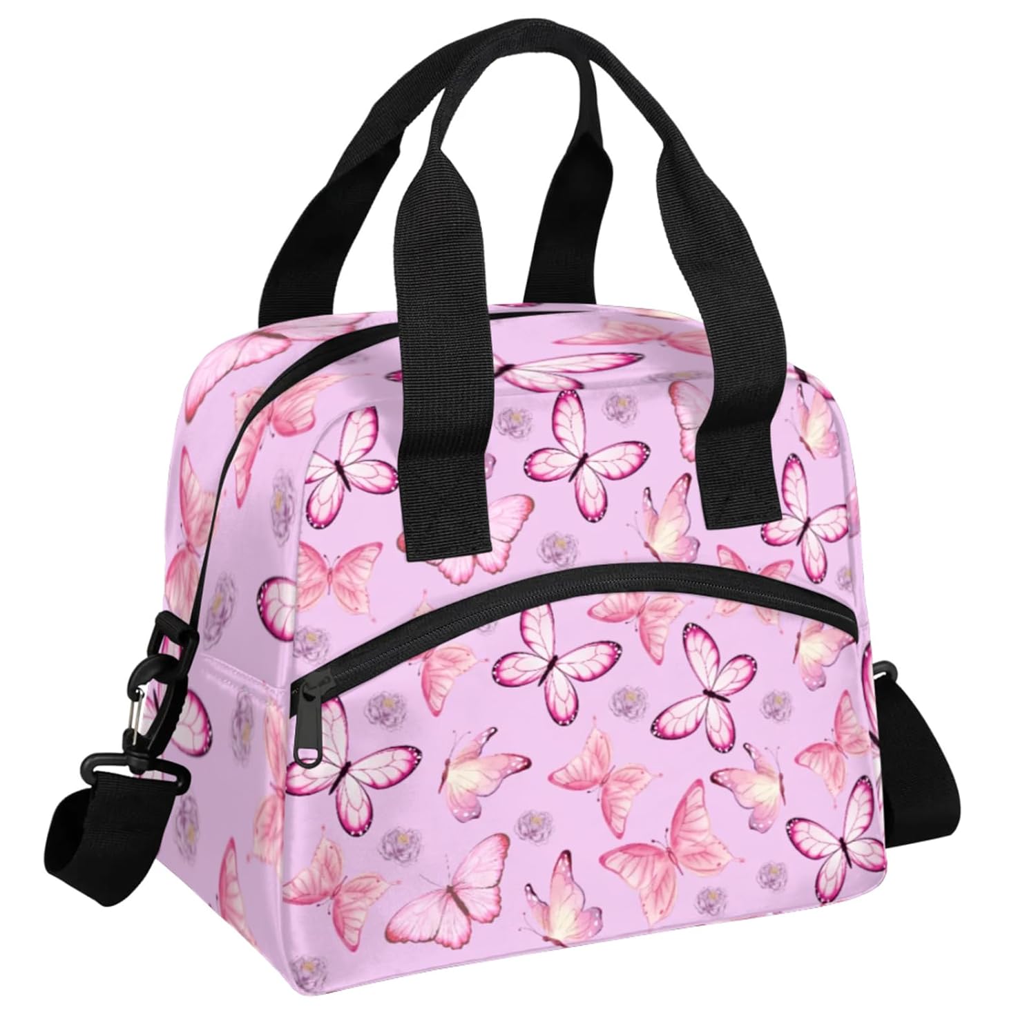 Pink Butterfly Flower Lunch Bag Reusable Insulated Dreamy Lunch Box for Girl Leakproof and Stain-Resistant Large Capacity Cute