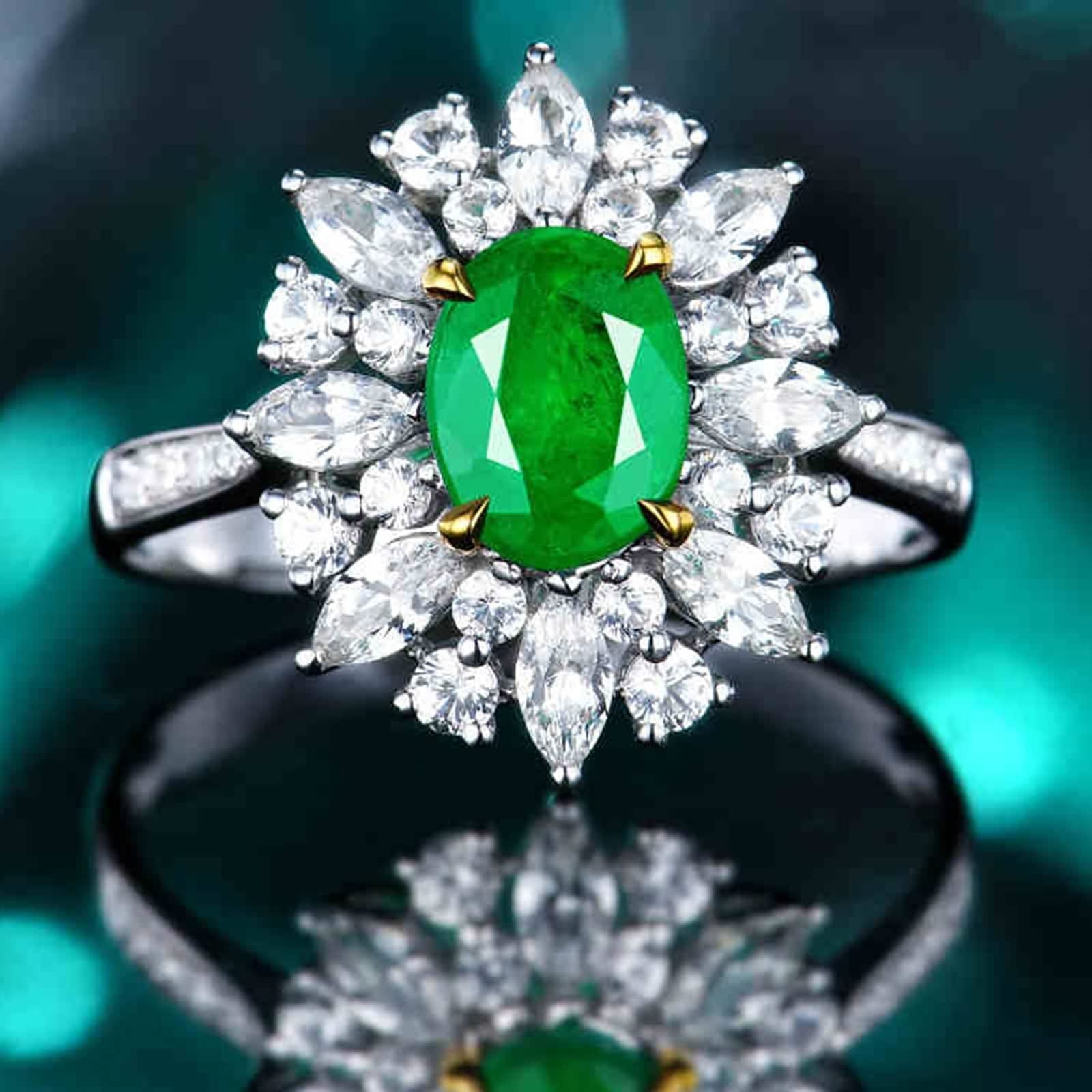 Alianzas Boda Plata, Anillos Mujer Bisuteria Óvalo de 4 Garras con Incrustaciones de Forma de Flor Esmeralda Creada En Laboratorio