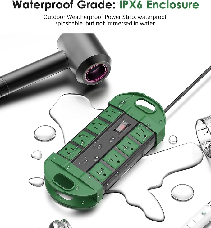 Regleta de alimentación exterior CCCEI 2 resistente a la intemperie con 8 enchufes, cable de extensión impermeable con múltiples salidas, protector contra sobretensiones para exteriores, jardín y patio, 6 pies, verde. miniatura 2