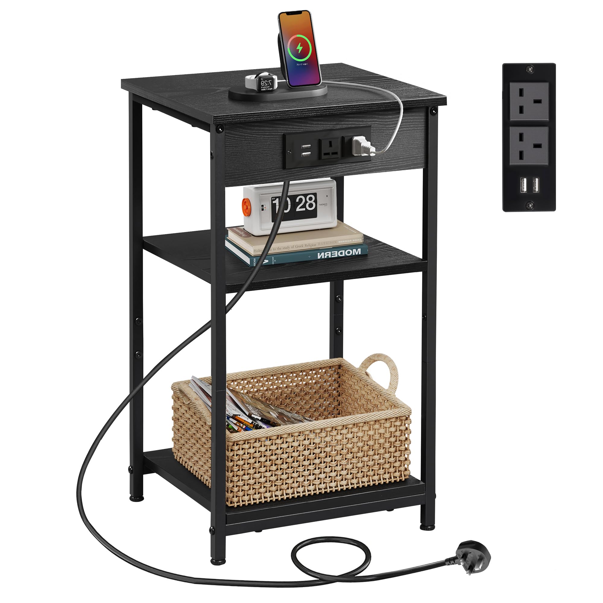 WLIVE Side Table, 3-Tier Side Table with Charging Station, Slim End Table with Adjustable Middle Shelf, Brown Bide Table for Small Spaces, Small Bed Table for Living Room and Bedroom, Embossed Black