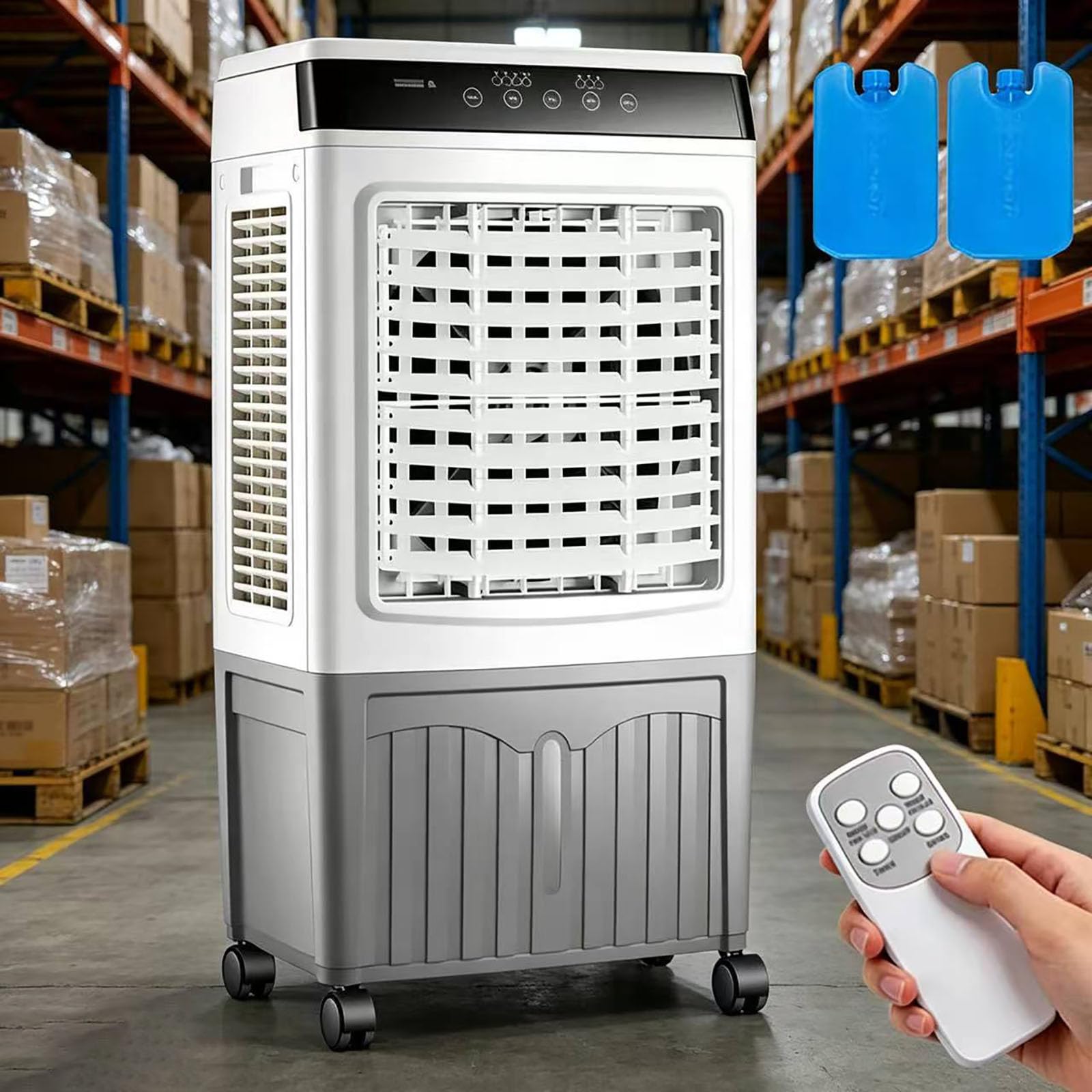Aires acondicionados portátiles, Enfriador de pantano 3 en 1 con 2 Bolsas de Hielo, Enfriador de Aire evaporativo con oscilación de 120°, Temporizador de 7,5 Horas, 3 velocidades, 3 Modos, Control