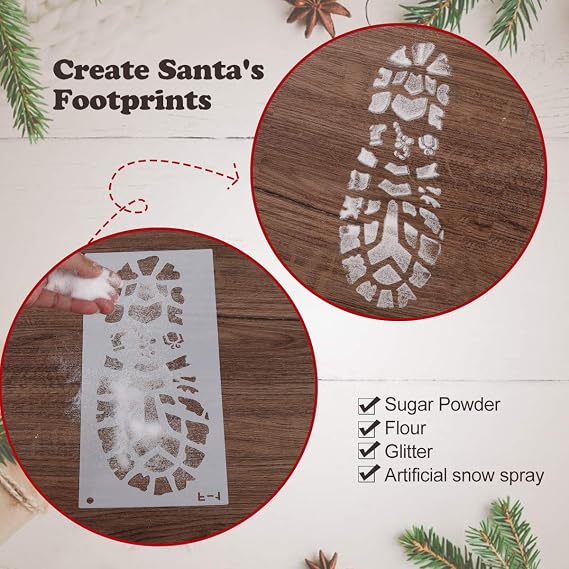 Mocoosy 6 PCS Christmas Stencils for Painting Santa Footprints for Floor, Santa Boot & Snowflake Stencils Template, Reusable Elf Foot Stencil Santa Evidence Kit Holiday Xmas Plastic Craft Decorations