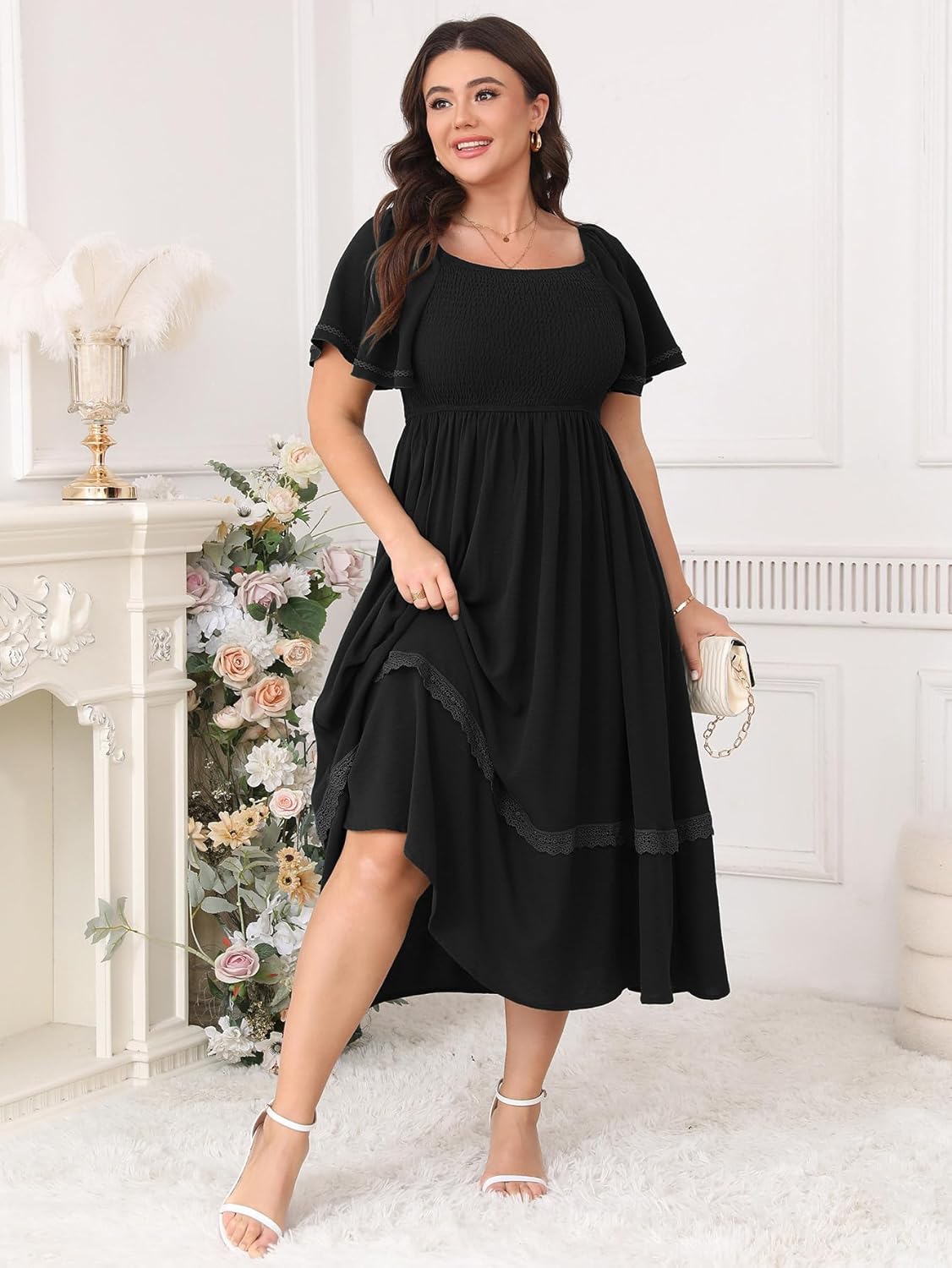 Plus Size Maxi Dresses for Curvy Women Short Sleeve Square Neck Smocked Flowy Formal Wedding Guest Dress Lace Trim - Image 5