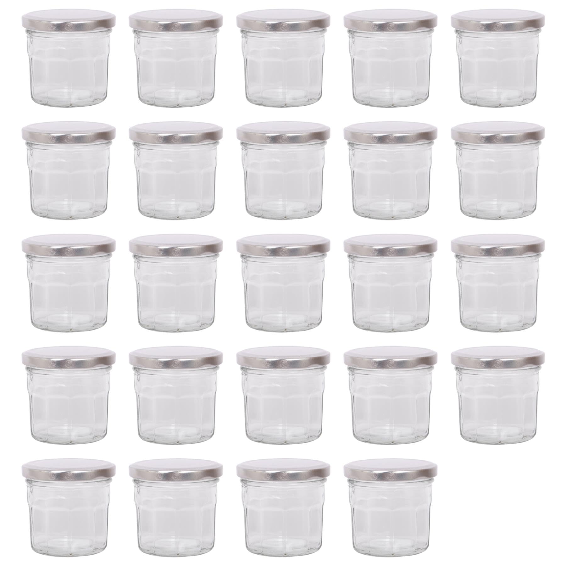 Argon Tableware Glass Jam Jars with Airtight Silver Lids - 130ml - Pack of 24 - Empty Screw Top Kitchen Storage Jar for Food, Honey, Spice, Pickling, Preserving, Candle Making