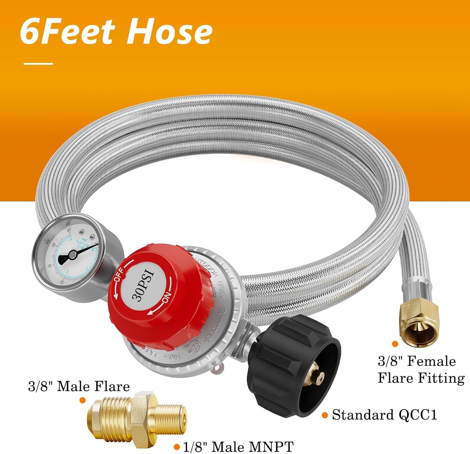 NUPICK 6FT 0-30 PSI Adjustable High Pressure Propane Regulator with 0~60PSI Gauge Gas Flow Indicator，Propane Regulator with Hose for LP Gas Cooker, Burner, Turkey Fryer, Smoker