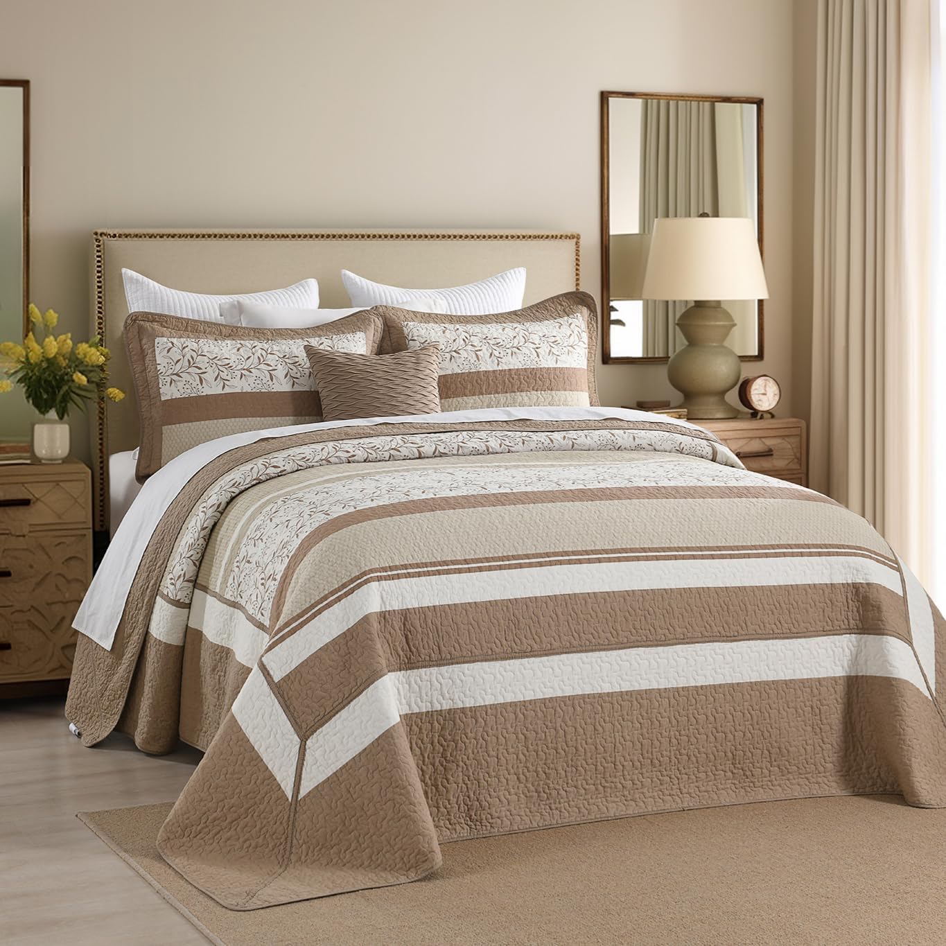Quilta 100% Cotton California King Bedspread - 120"x120" Farmhouse Stripe Quilt Set with Botanical Pattern, Lightweight Soft Bedding Comforter Sets, Rustic Country Bedspread Coverlet, Brown/White