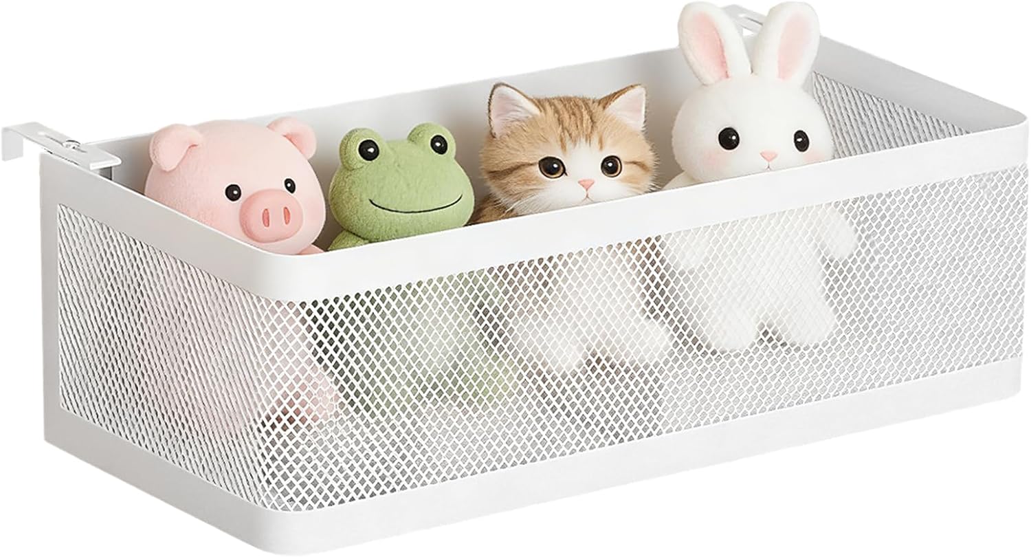 13.8 in Bedside Caddy Shelf, White Metal Hanging Storage Basket, Adjustable Clamp Distance, Tall Baffle, Metal Bunk Bed Shelf, Dorm Room Essential
