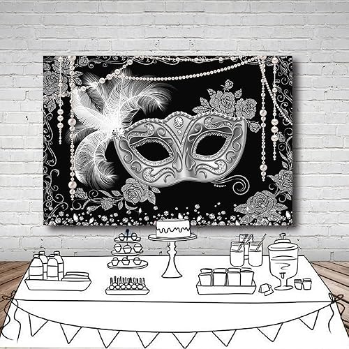 Miniatura 5 de MEHOFOND Telón de fondo de bola de máscaras, color negro, plateado para fiesta de máscaras, fondo para fotografía, Mardi Gras, carnaval, disfraces,