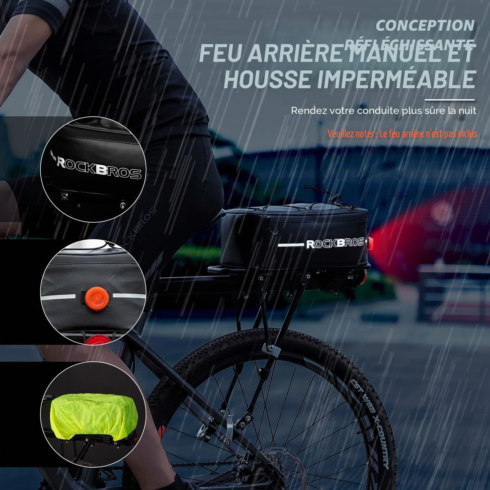 ROCKBROS Sacoche de Porte-Bagages 4-9L, Réfléchissante Avec Housse de Pluie, Arrière Amovible pour VTT VTC Vélo de Route Pliant Électrique Noir