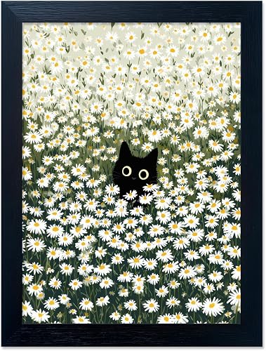Framed Black Cat Wall Art Daisy Meadow Floral Canvas Print Posters Whimsical Flo
