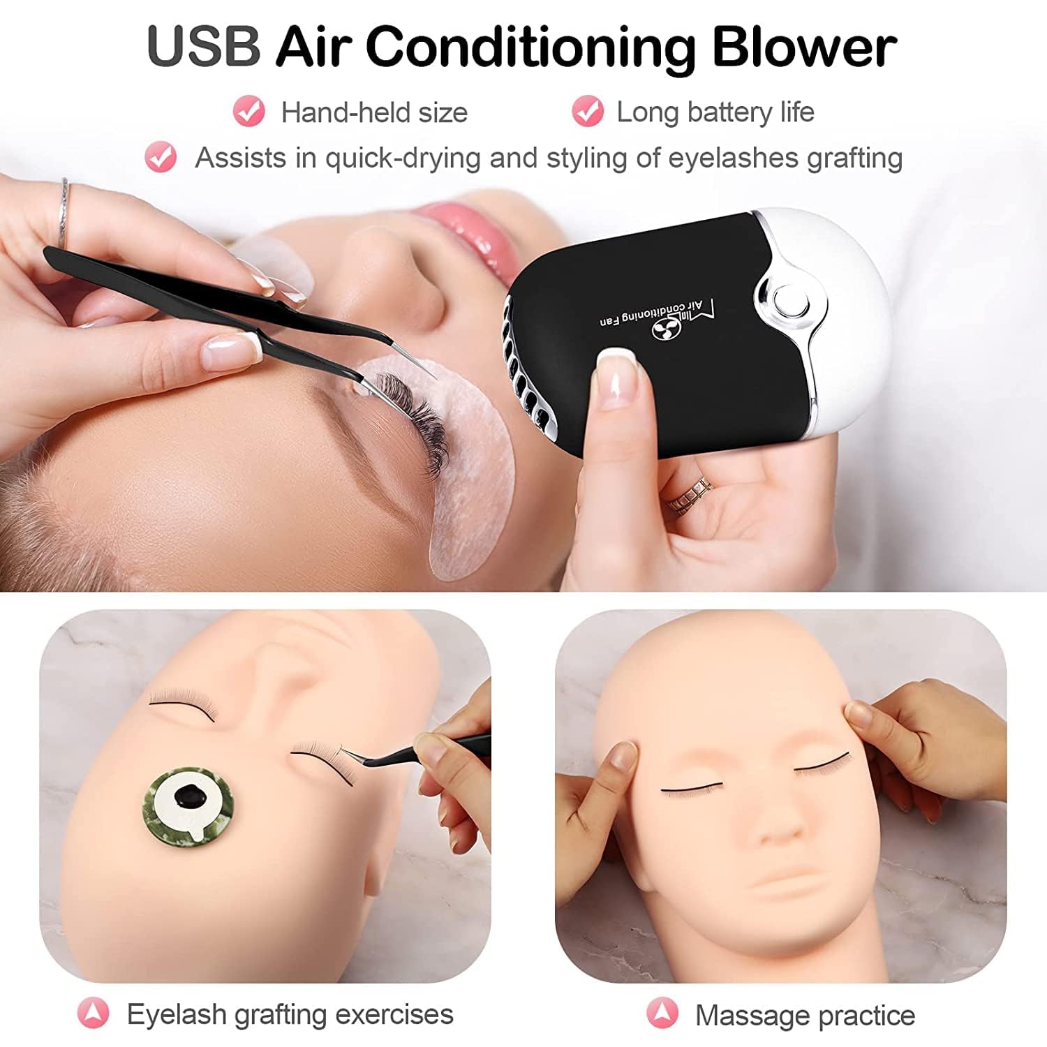 Lash Extension Practice Kit, Eyelash Extension Training Kit for Beginners, Professional Eyelash Mannequin Head Set with Lash Fan, Lash Shampoo, Lash Adhesive, Glue Rings and Lash Mirror (Black)