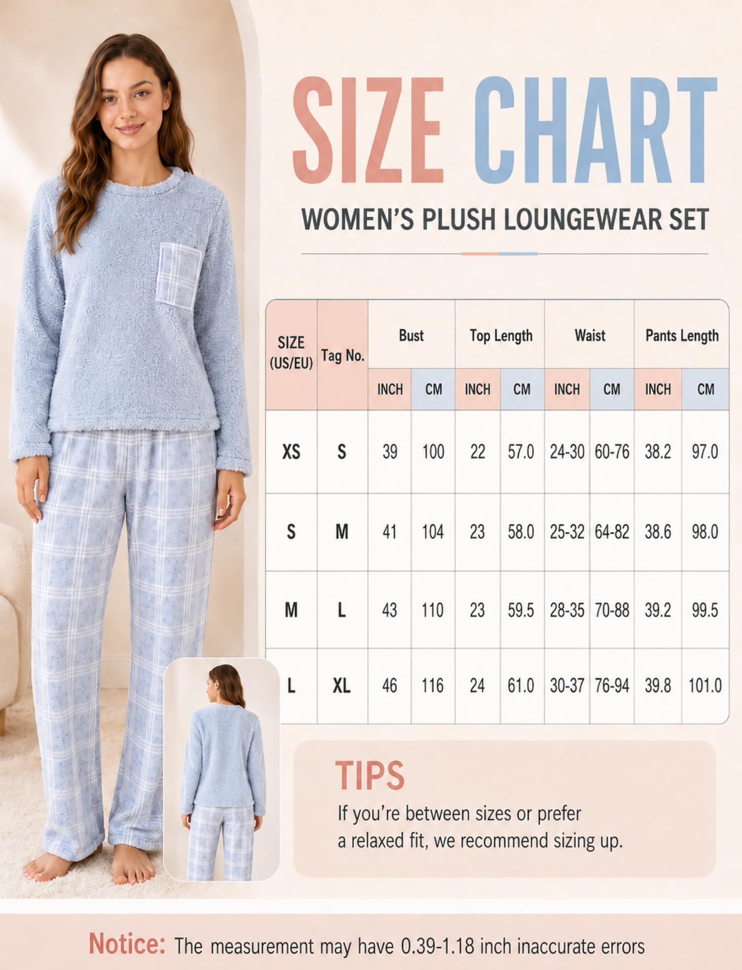 Conjunto de pijama de franela para mujer, diseño a cuadros, holgado, pijama cálido